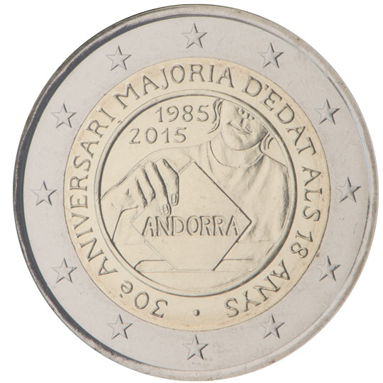 Andorra € 2,00 (30th anniversary of the Coming of Age and Political Rights to the Men and Women turning 18 years old)