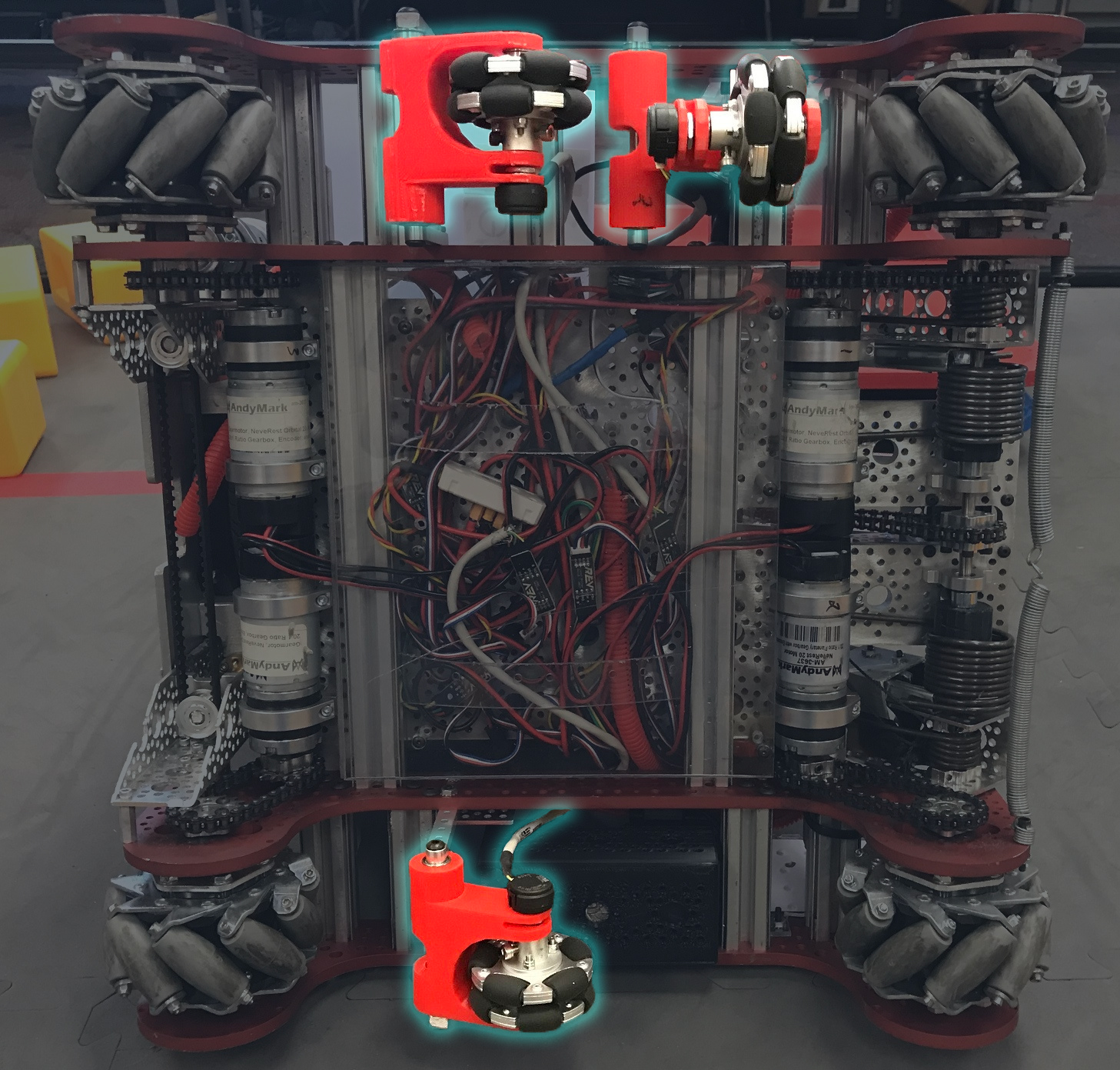 Underside of a bot with dead wheels highlighted