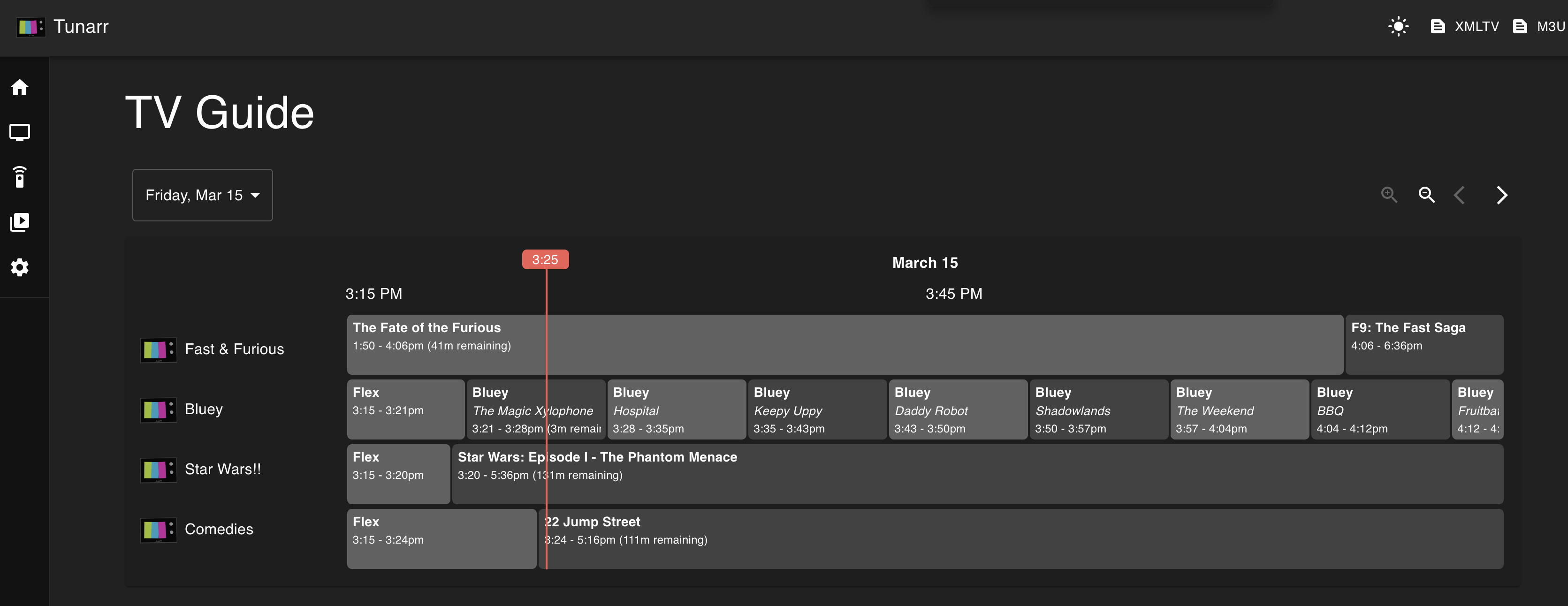 screenshot of the tunarr guide interface