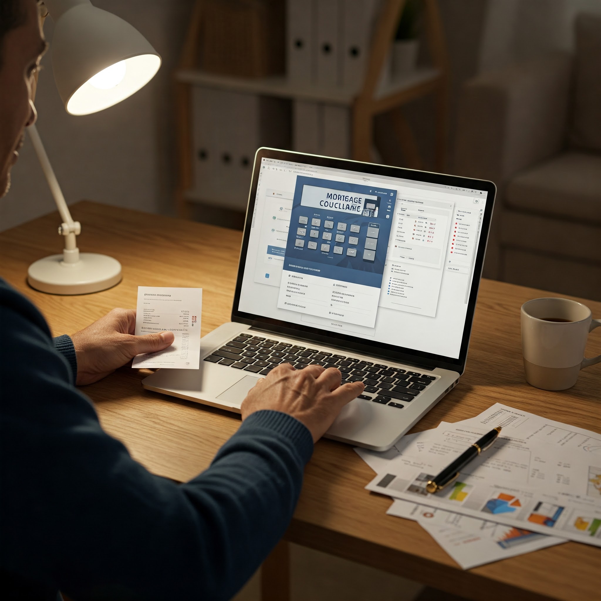 Person using a mortgage calculator on laptop while reviewing financial documents and house listings