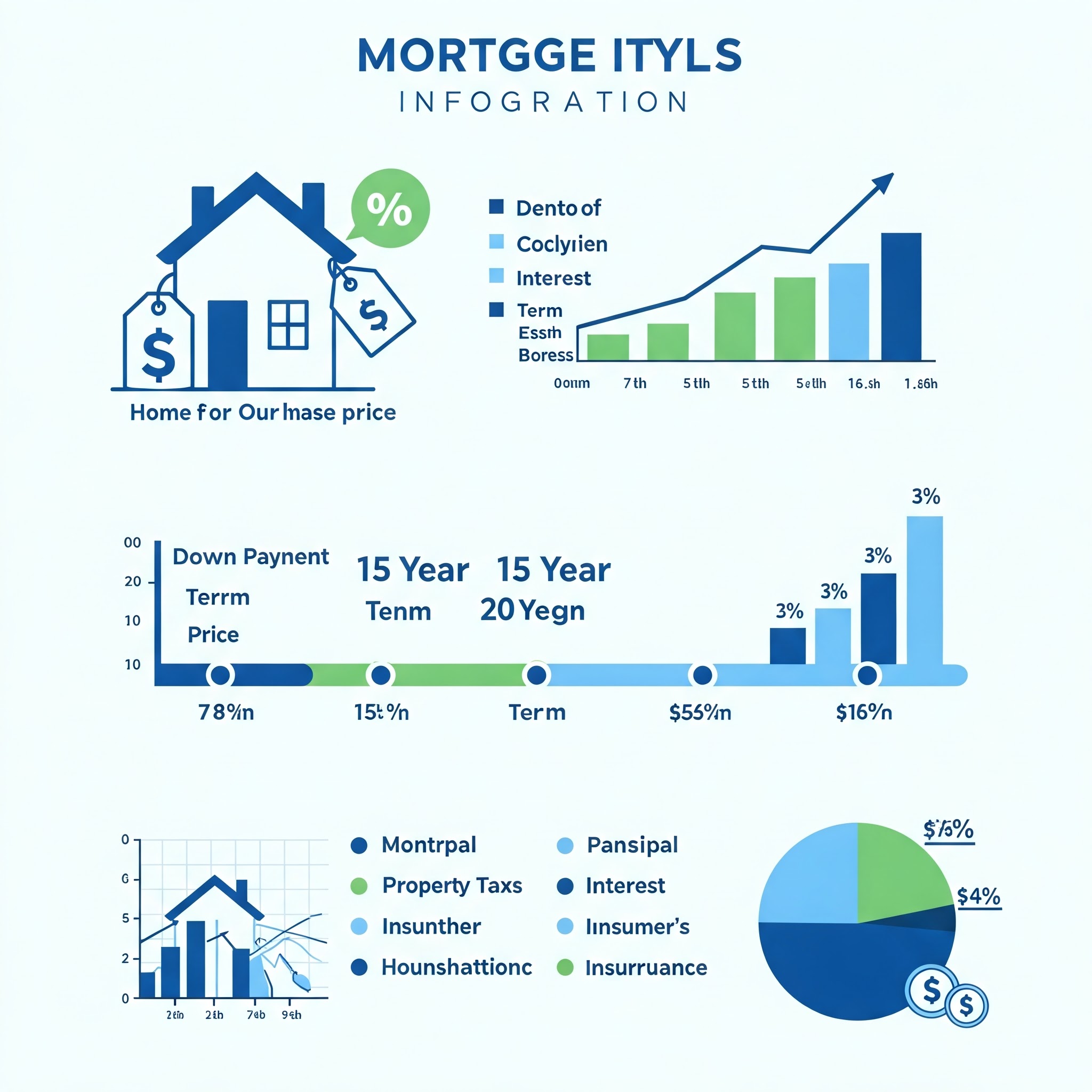 Infographic showing mortgage calculation elements: house with price tag, down payment percentage, loan term timeline, interest rate symbol, and monthly payment breakdown