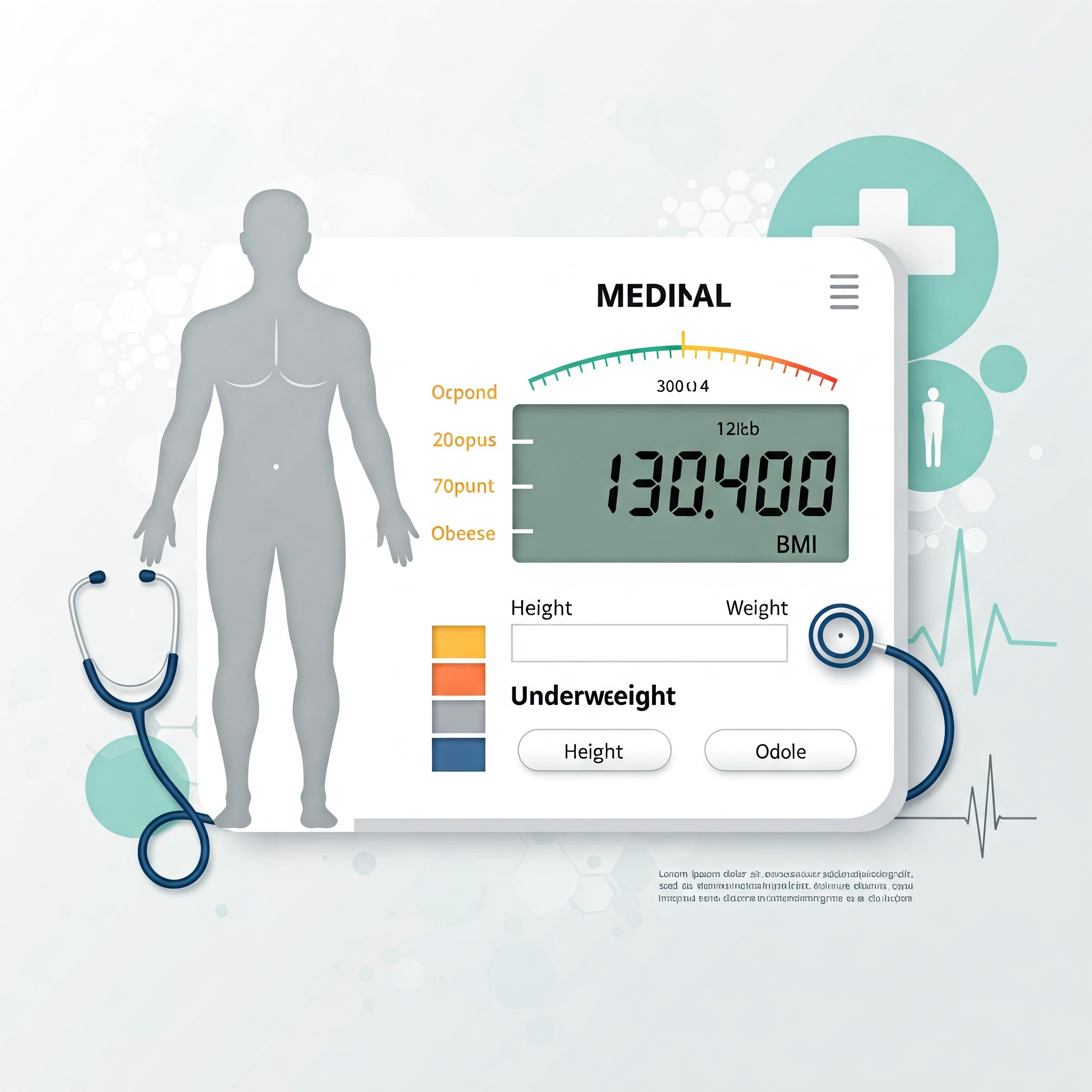 Digital BMI calculator with body silhouette and health monitoring elements