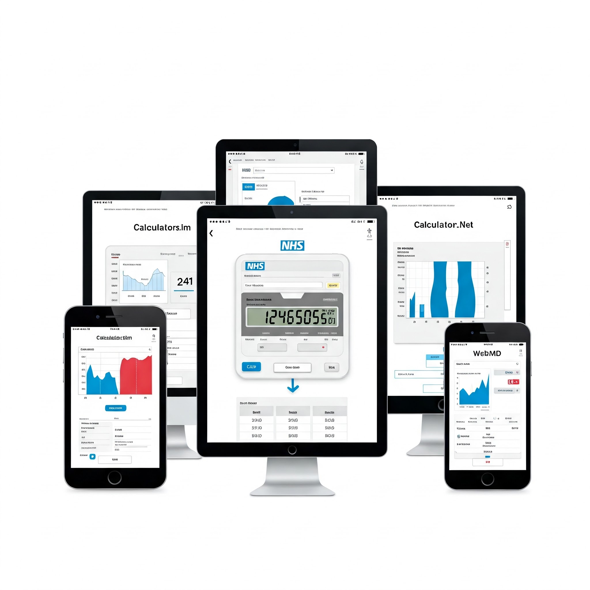 Visual comparison of the five BMI calculator interfaces on different devices