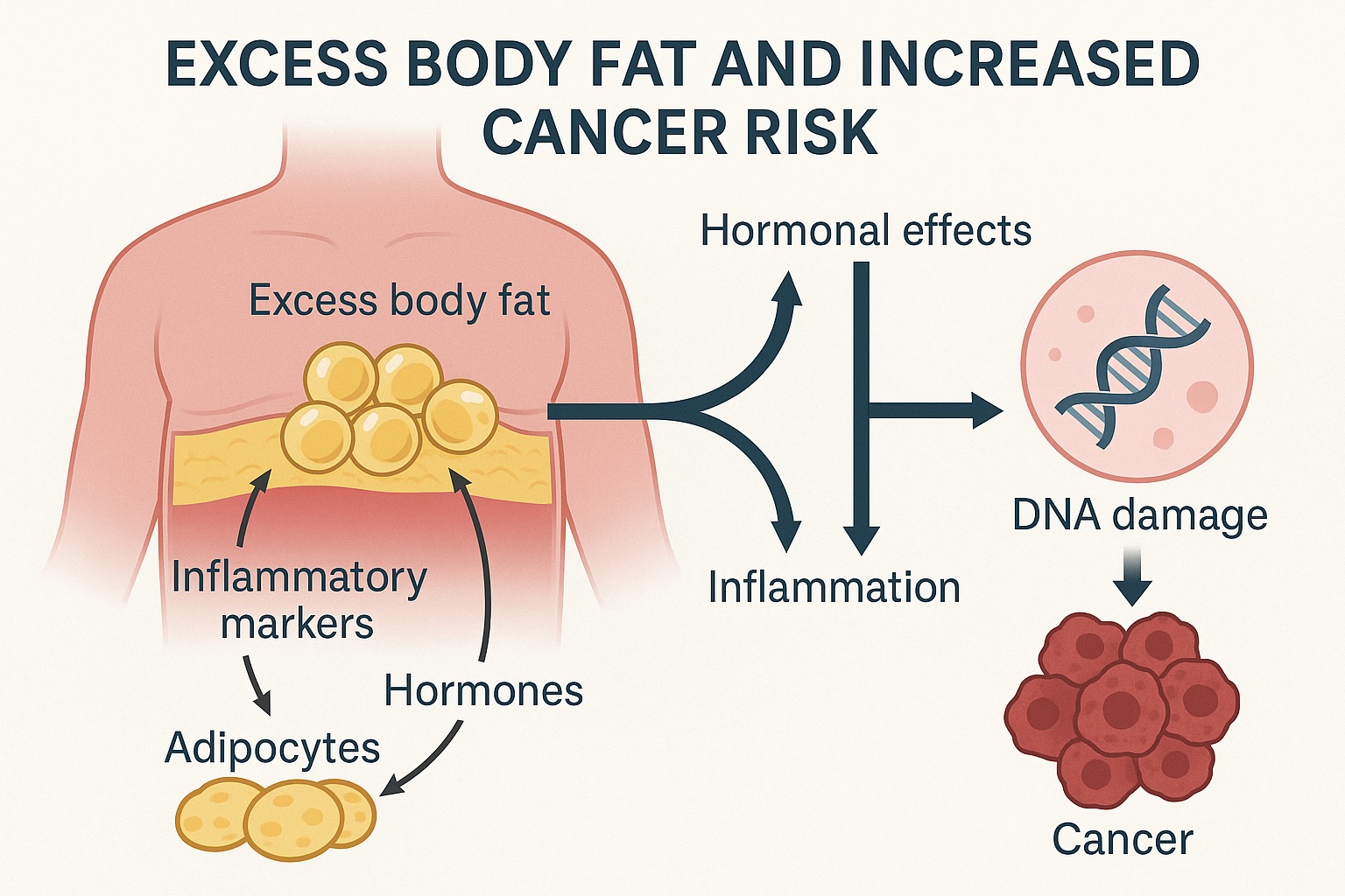 Illustration showing the relationship between excess body fat, inflammatory processes, and increased cancer risk