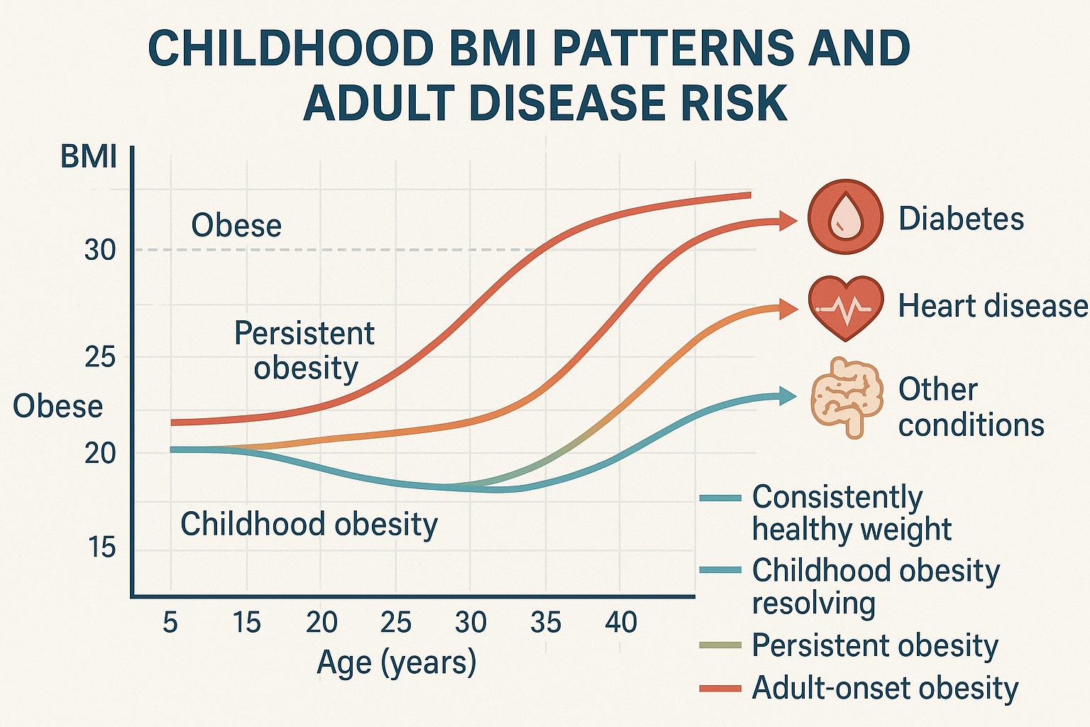 Graph showing the relationship between childhood BMI patterns and adult disease risk