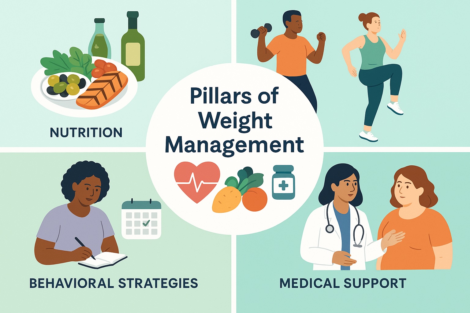 Illustration of a comprehensive approach to weight management including nutrition, physical activity, behavioral strategies, and medical support