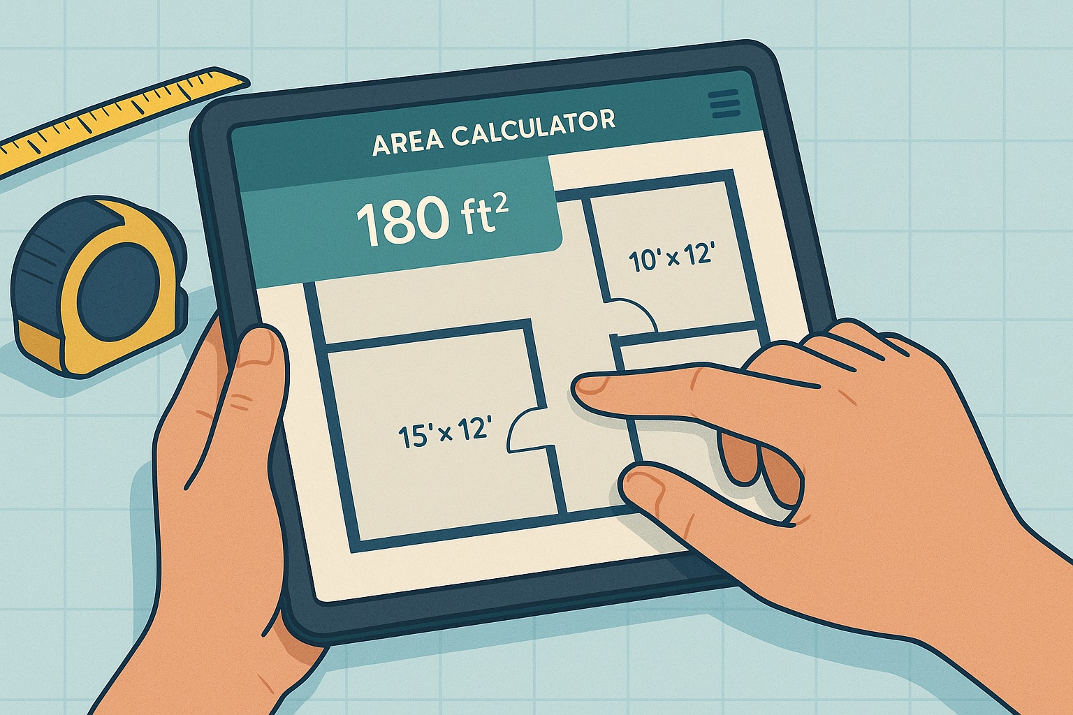 Image of a digital area calculator being used on a tablet to measure a floor plan