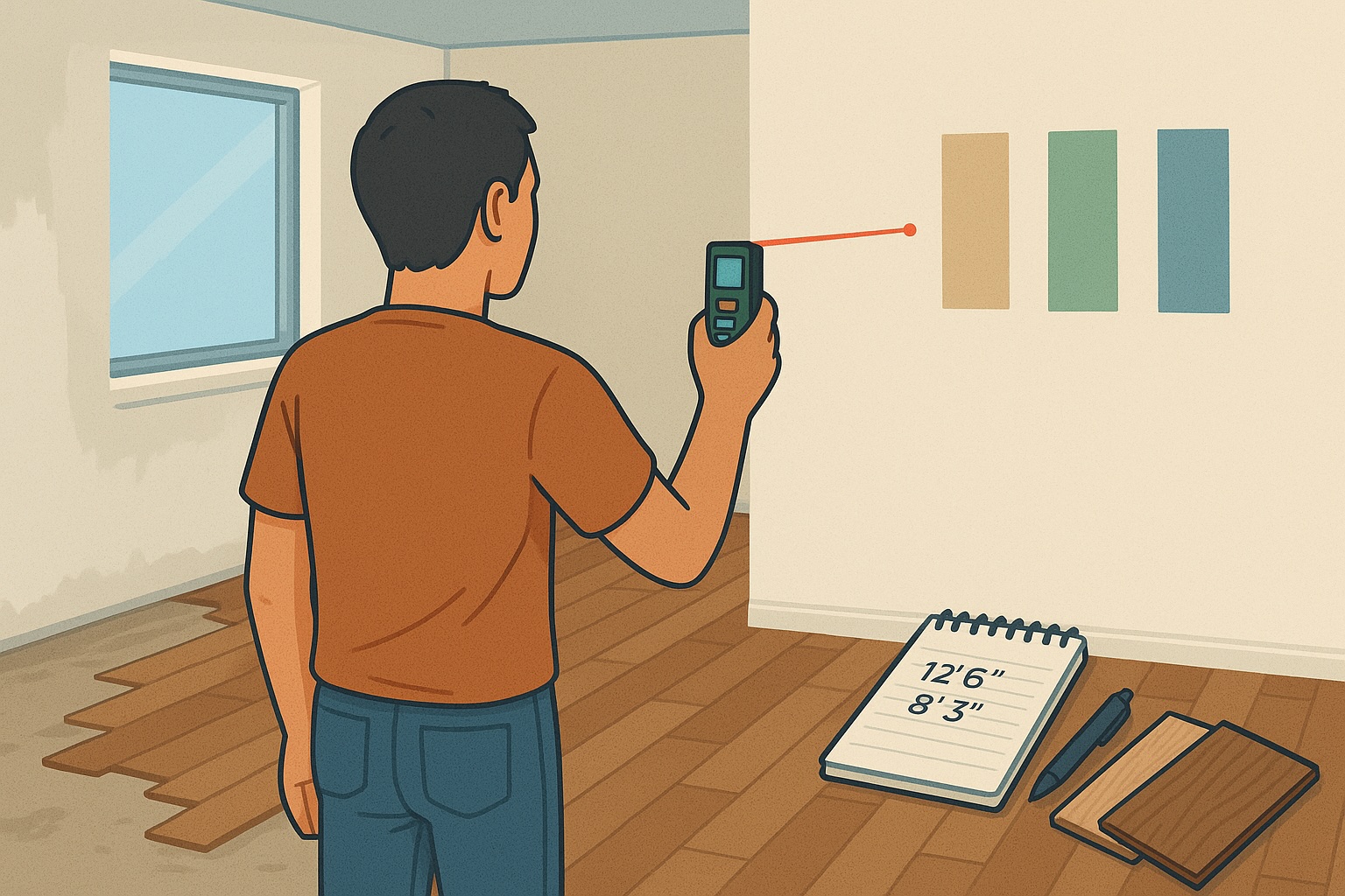 Person measuring a room with a laser distance meter for renovation planning