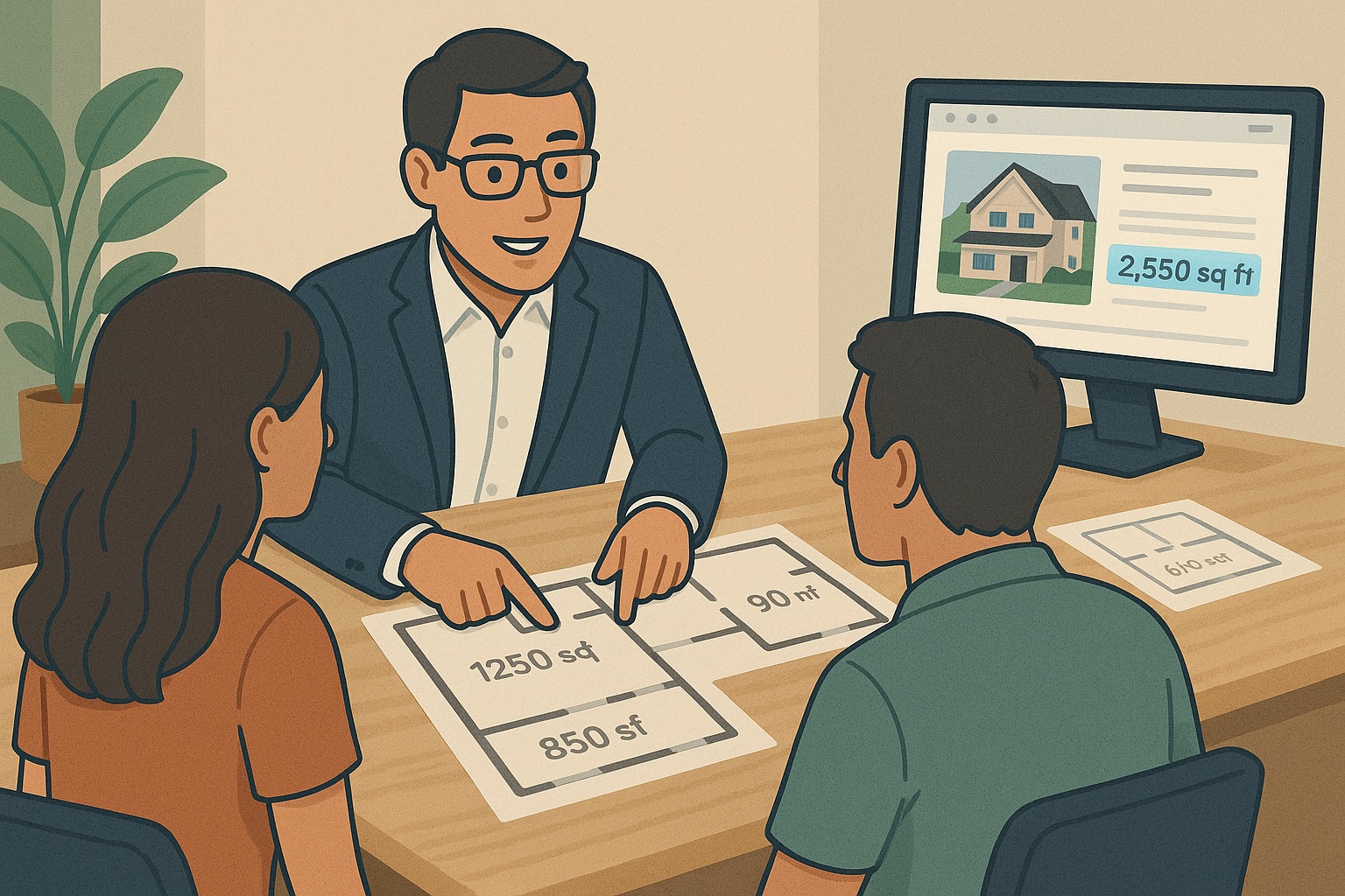 Real estate agent showing floor plans and area calculations to clients