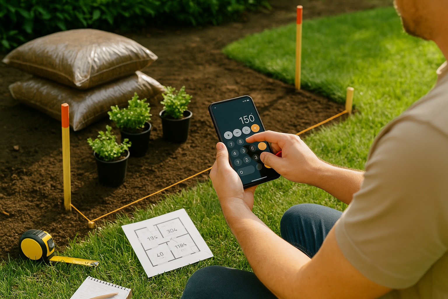 Person calculating landscape material needs for a backyard renovation