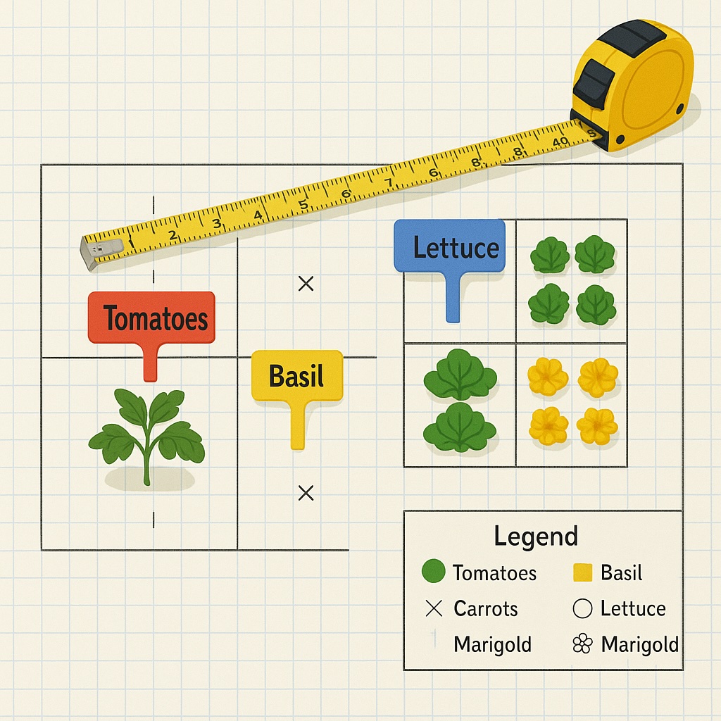 Garden planning layout showing grid measurements and plant spacing guidelines