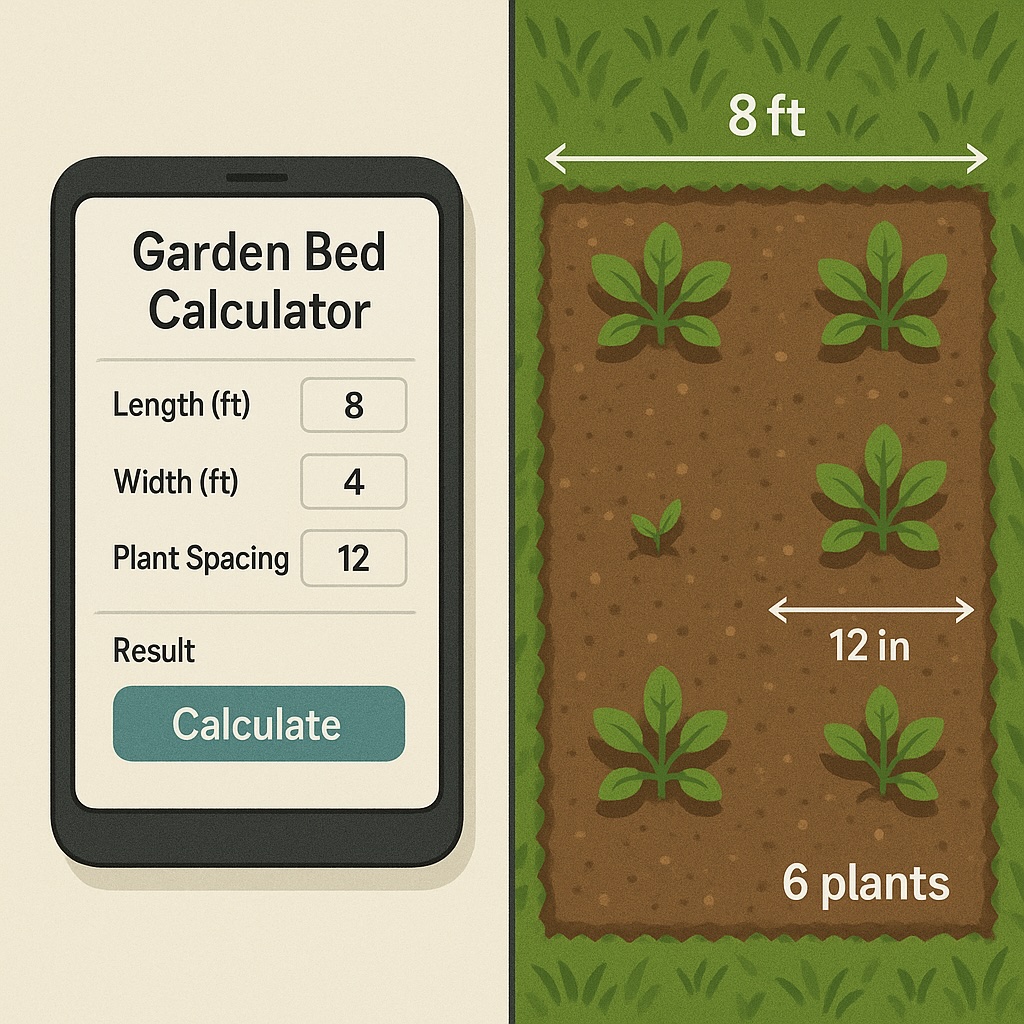 Garden bed calculator showing measurements and plant quantities