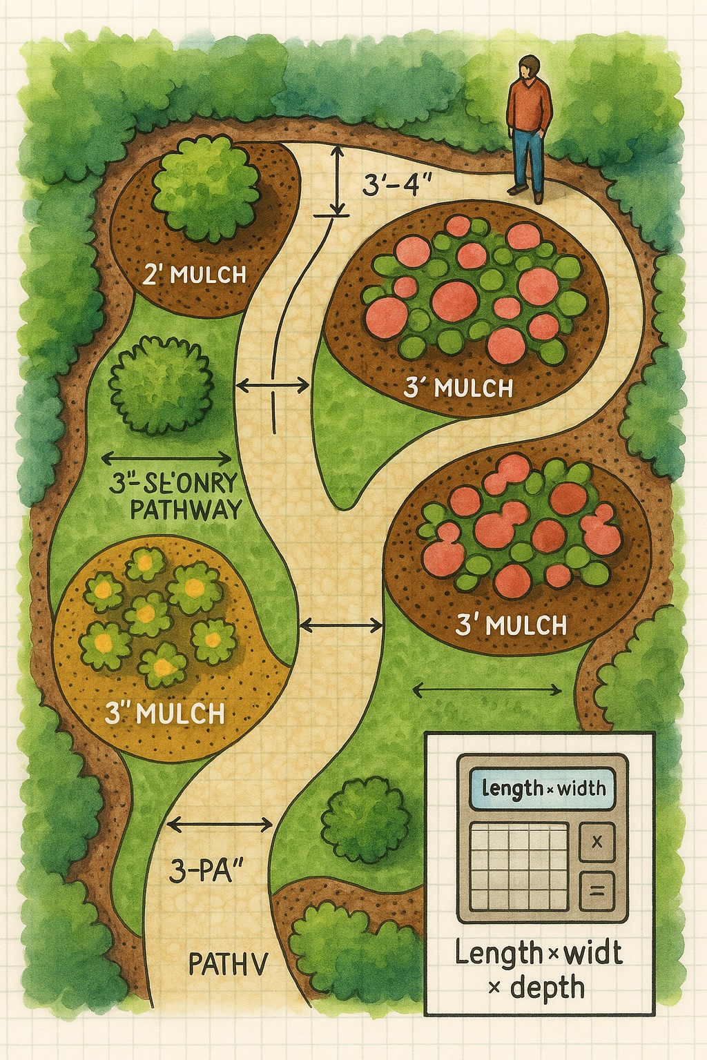 Landscape calculator showing pathways, mulch areas, and plant sections
