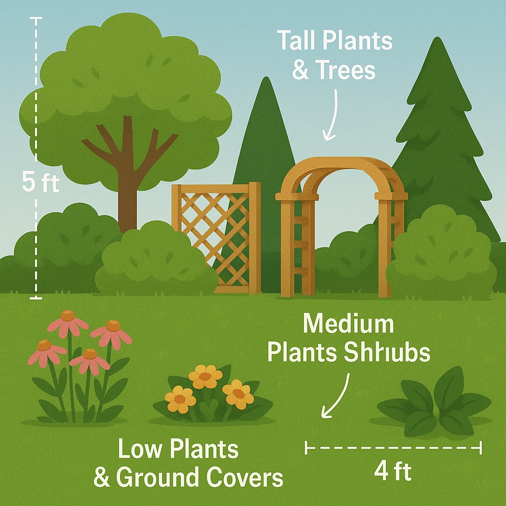 3D garden design showing plants of various heights and structures