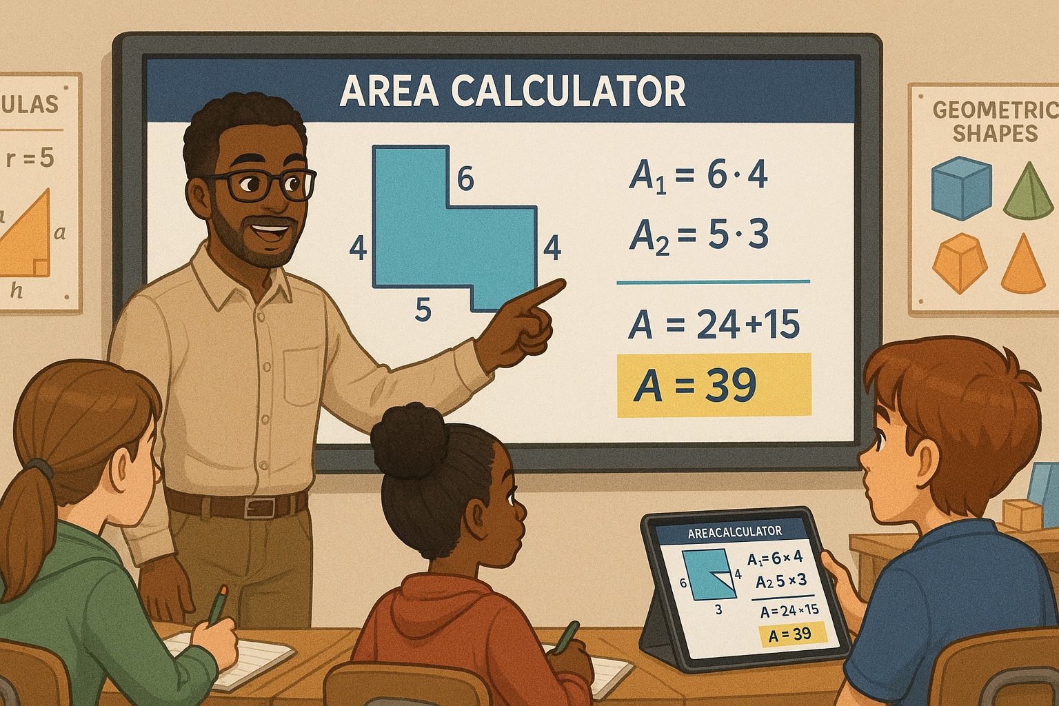 A classroom setting where a teacher is demonstrating an area calculator on a smart board