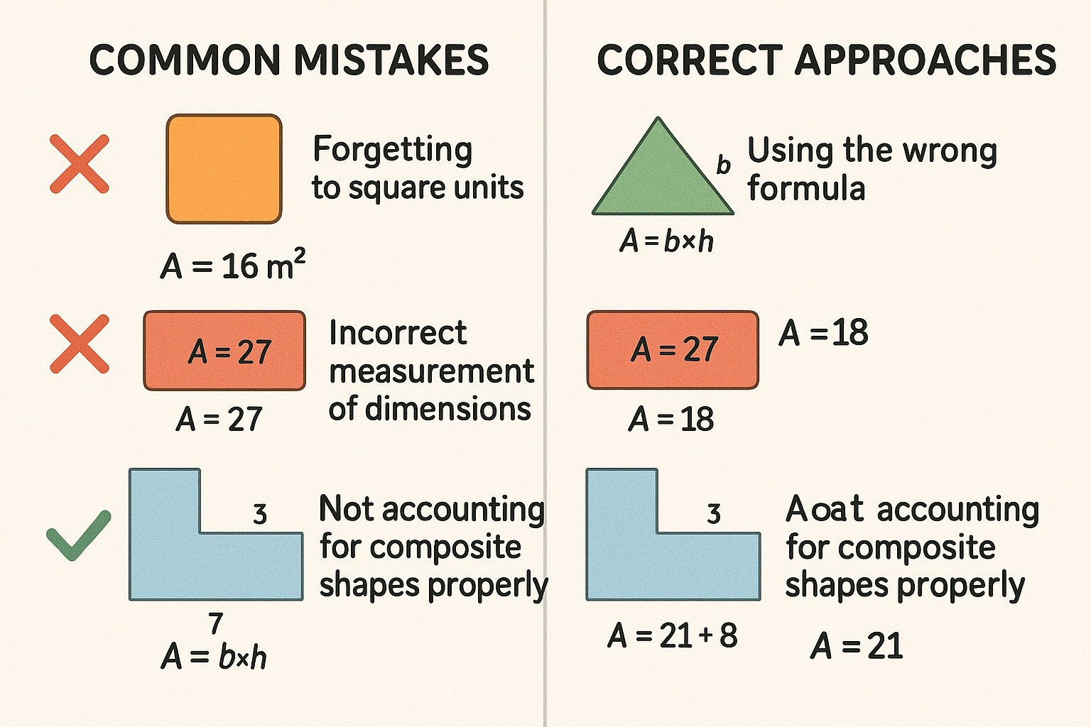 A split-screen image showing common mistakes in area calculations on the left with red X marks, and correct approaches on the right with green checkmarks