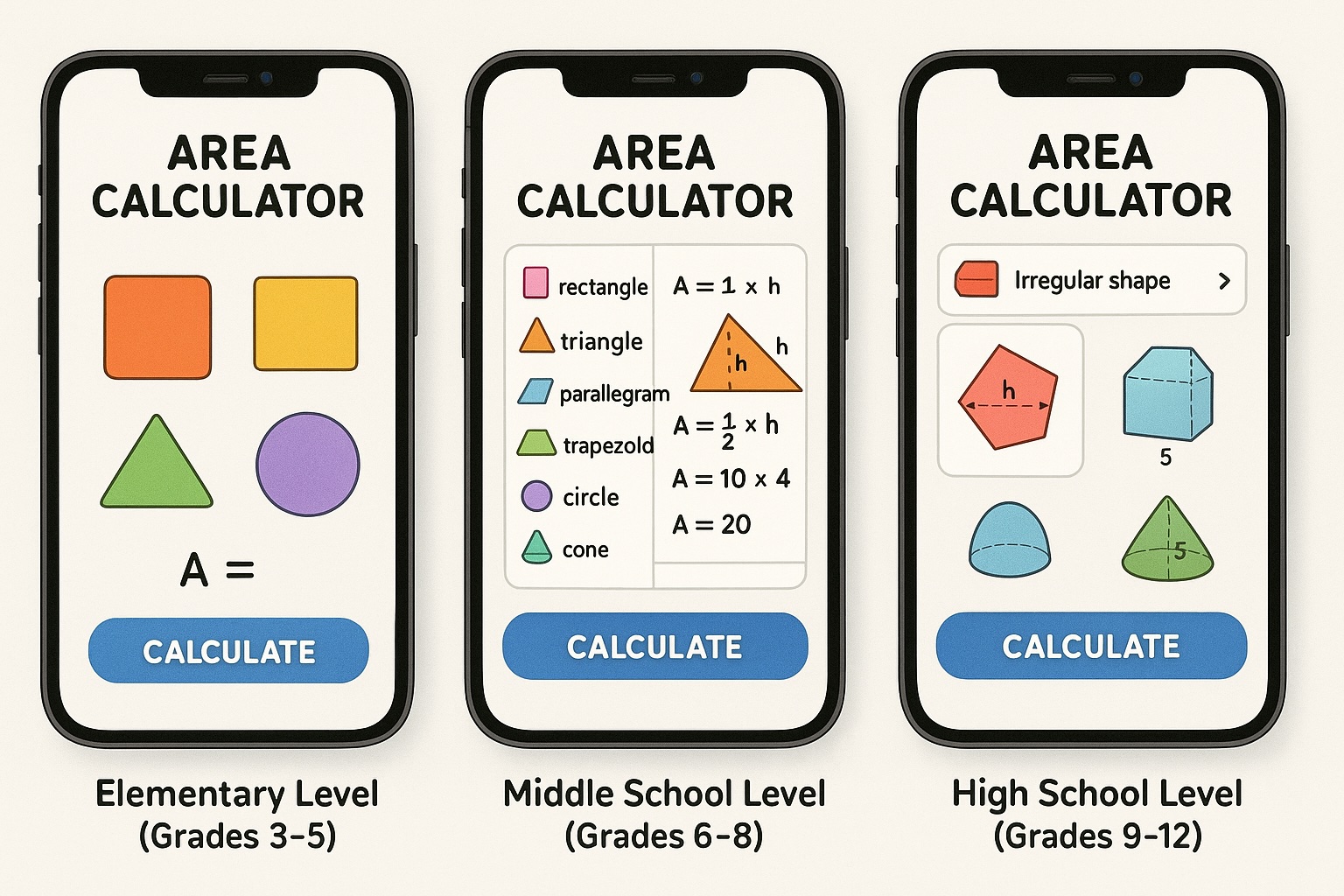 A collection of device screens showing different area calculator interfaces organized by grade level complexity