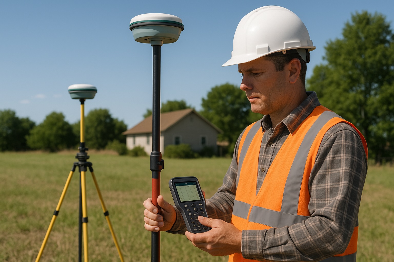 Modern GPS land surveying - A surveyor using an RTK GPS system with a base station setup and the surveyor holding a rover unit with controller, working in an open field
