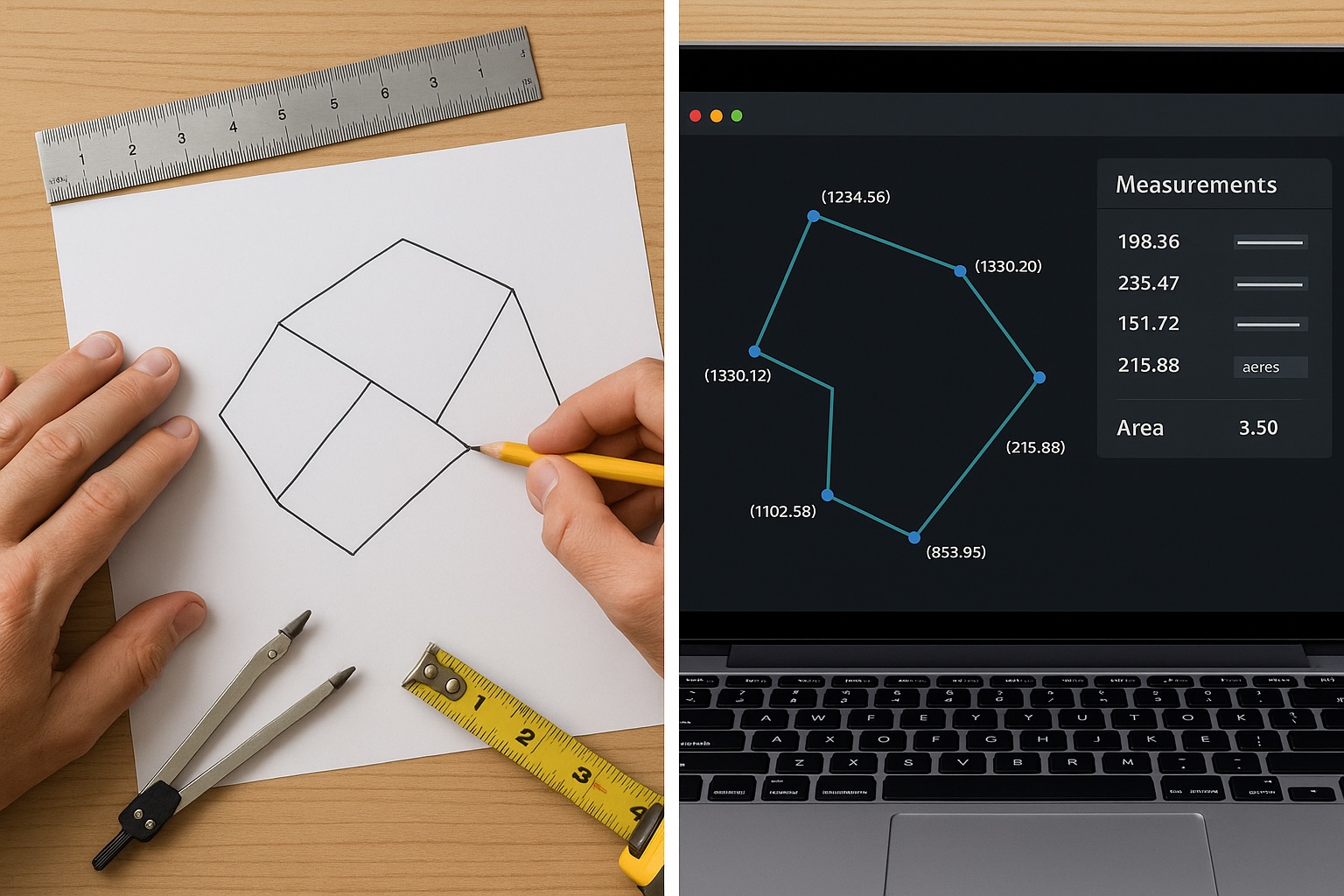 Area calculation methods - Split screen with: (left) a surveyor dividing an irregular plot into geometric shapes on paper, (right) a digital screen showing the same plot being processed in land survey software with coordinate points and calculated area
