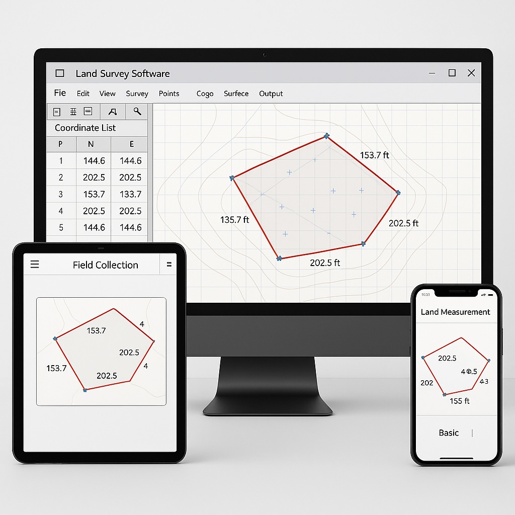Land survey software - Multi-device display with land survey software: a desktop computer showing detailed survey software with a property map, connected to a tablet showing field collection app, and a smartphone with a simplified land measurement app