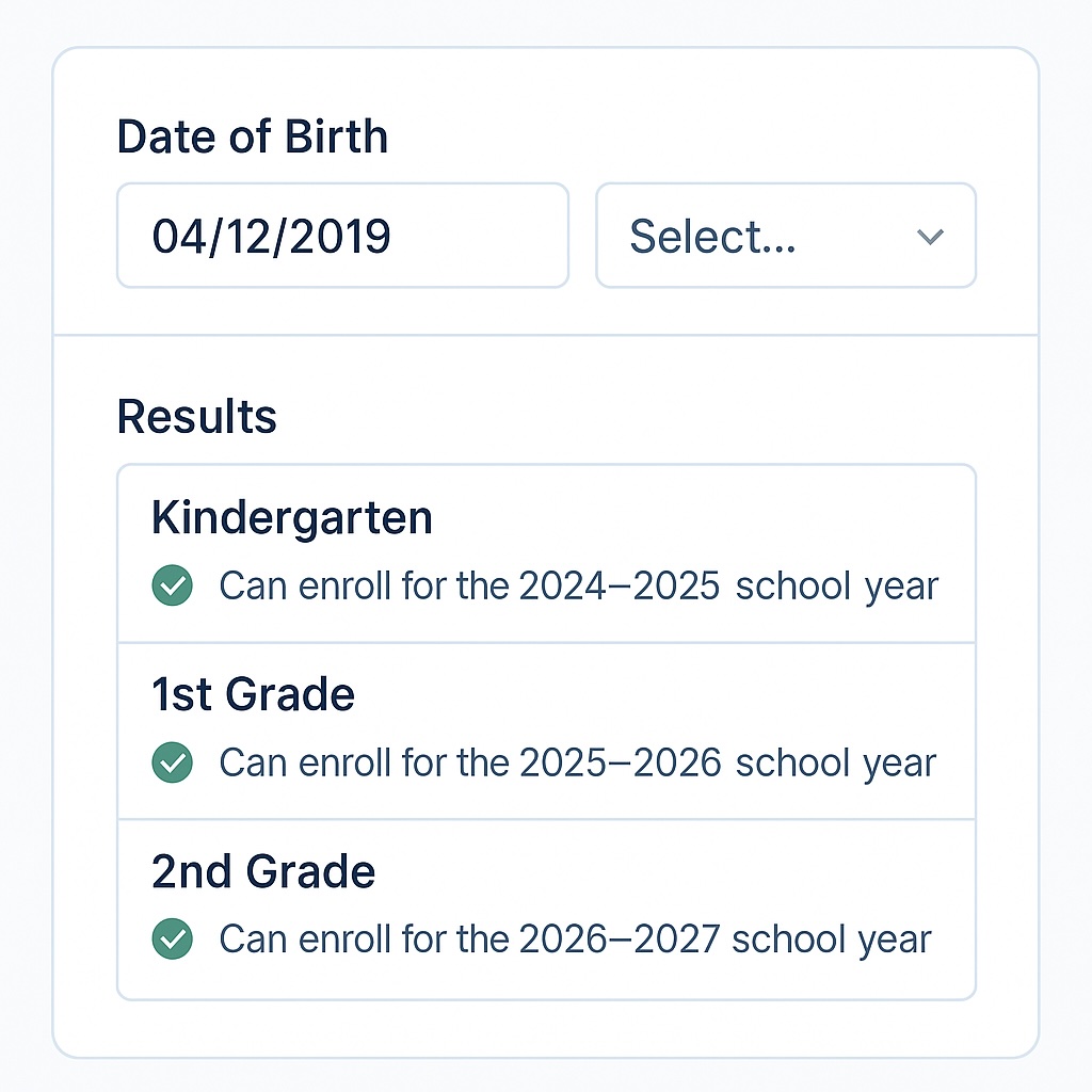 Digital age calculator interface showing input fields for birthdate and location, with results showing eligibility status