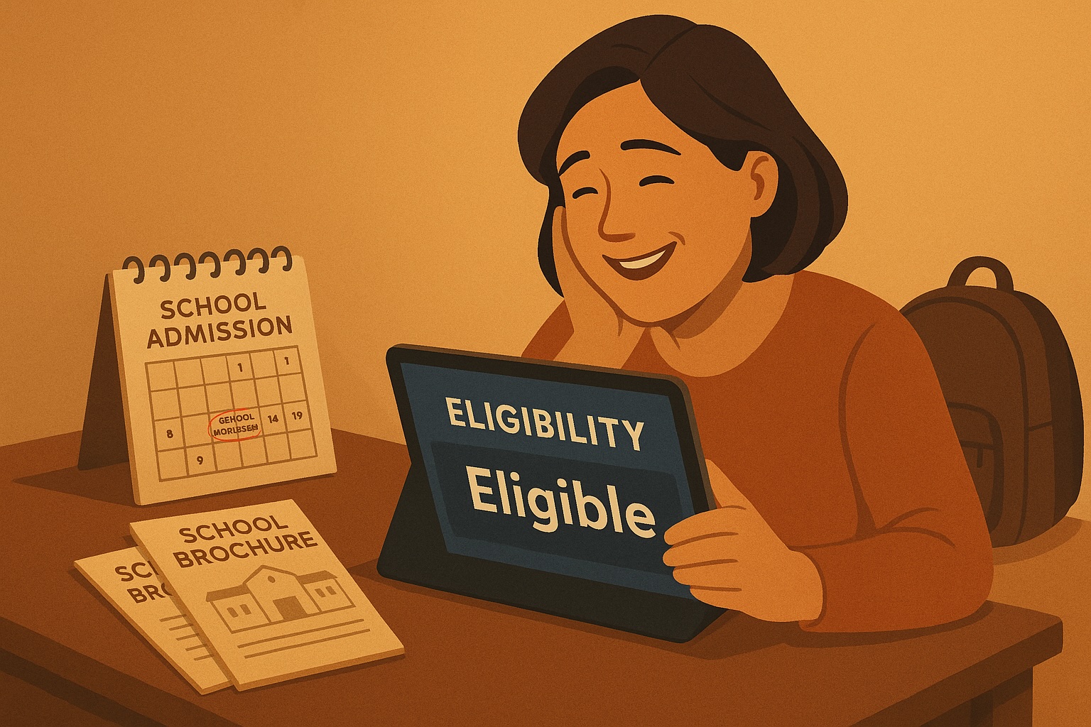 A relieved parent looking at positive eligibility results on a calculator, with calendar and school supplies nearby