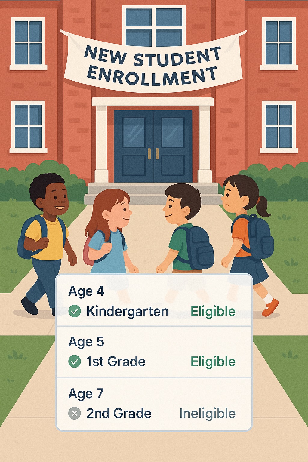 Students of different ages entering a school, with a digital calculator overlay showing their eligibility status