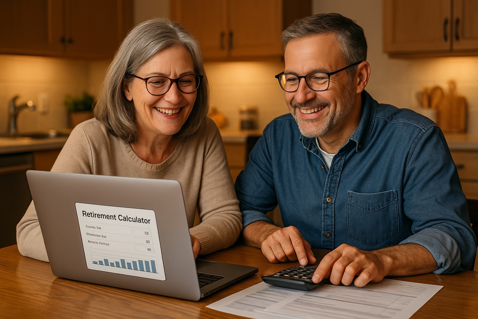 Couple planning retirement using calculator and laptop