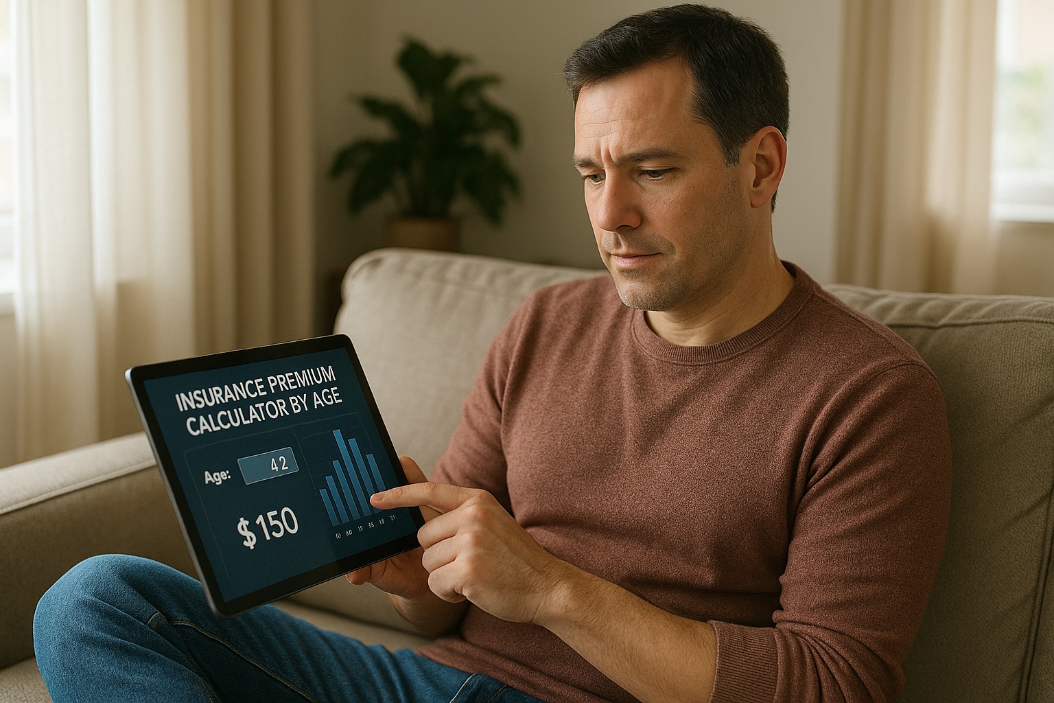 Person using an insurance premium calculator by age on a tablet