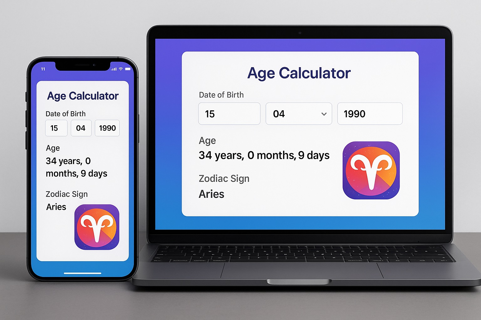 A visually appealing calculator interface showing birthdate input fields and results displaying both age calculation and zodiac sign determination