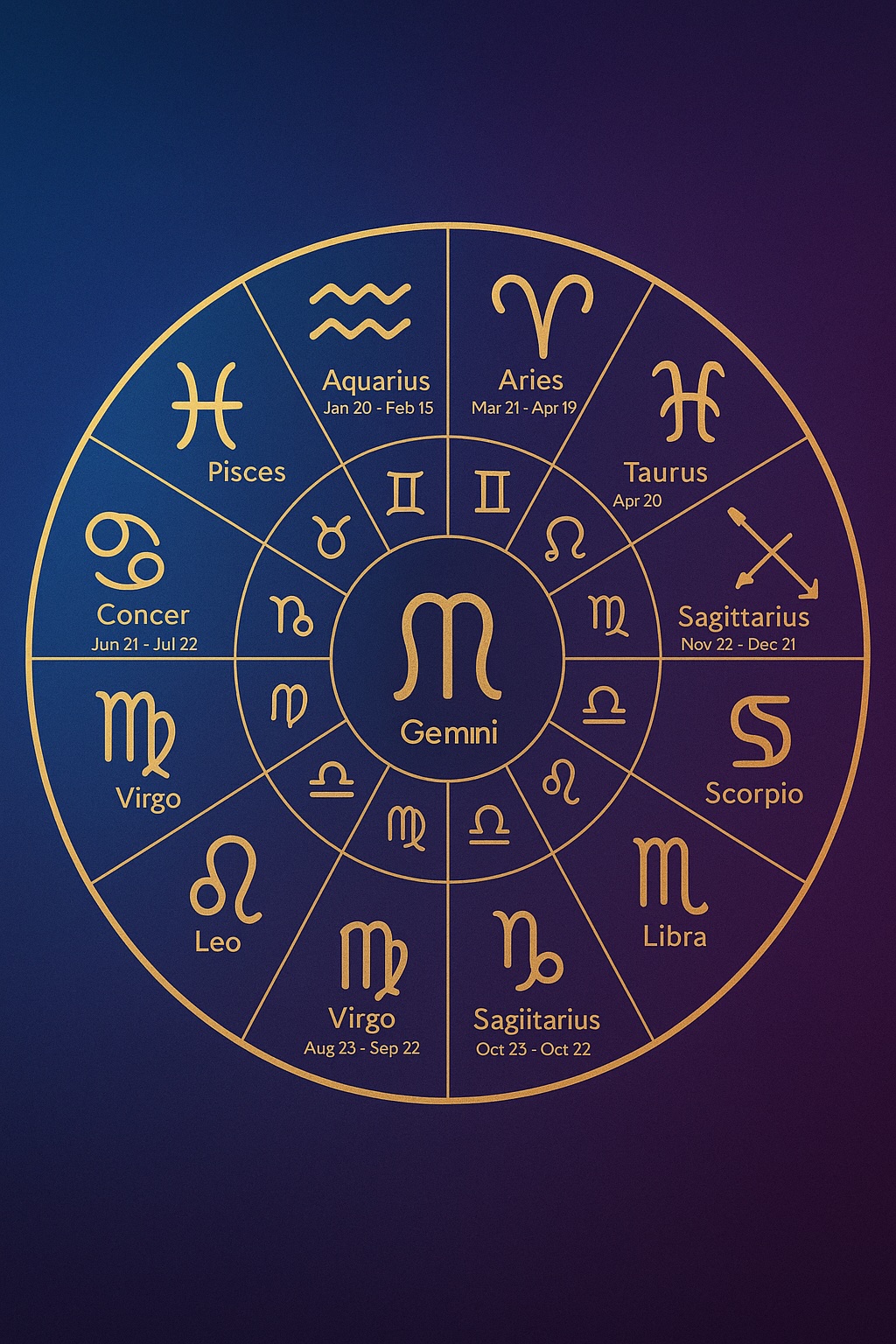 A colorful zodiac wheel showing all 12 signs with their date ranges, symbols, and ruling planets