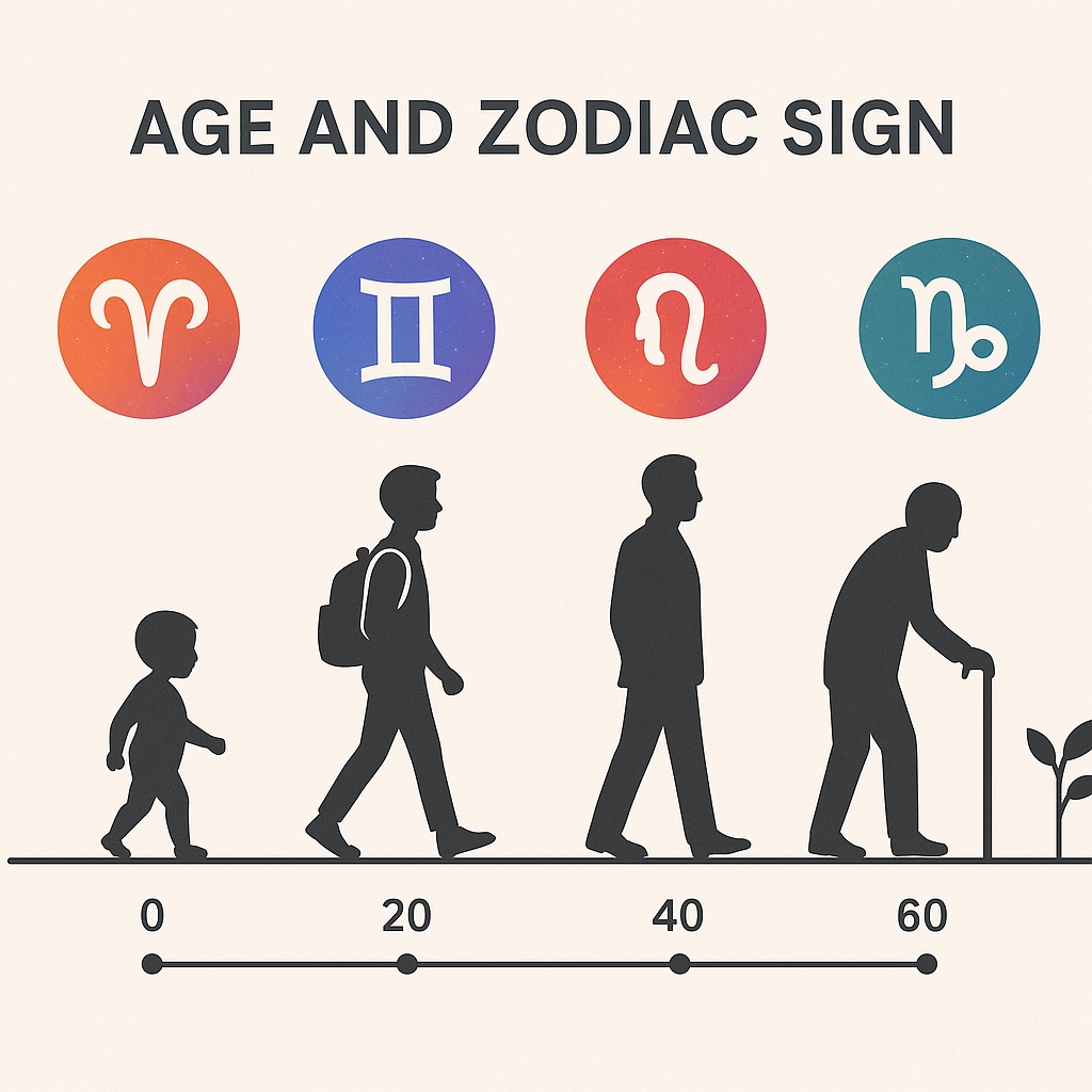 A person looking at their calculated age and zodiac sign on a smartphone, with thought bubbles showing how this information connects to their life experiences