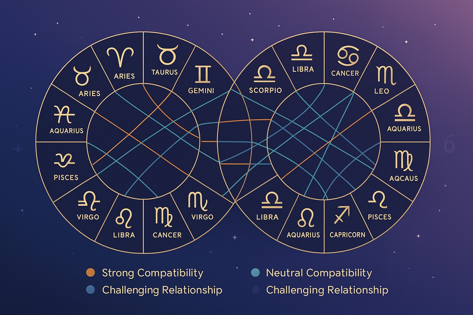 A couple looking at their age difference and zodiac compatibility results, with connecting lines showing both harmonious aspects and potential challenges