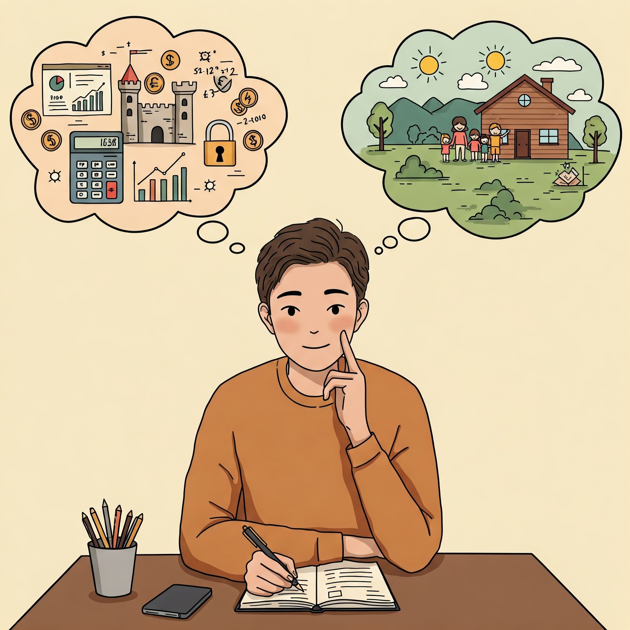 Person making mortgage decision with thought bubbles containing calculator and financial charts on one side, family and lifestyle on the other