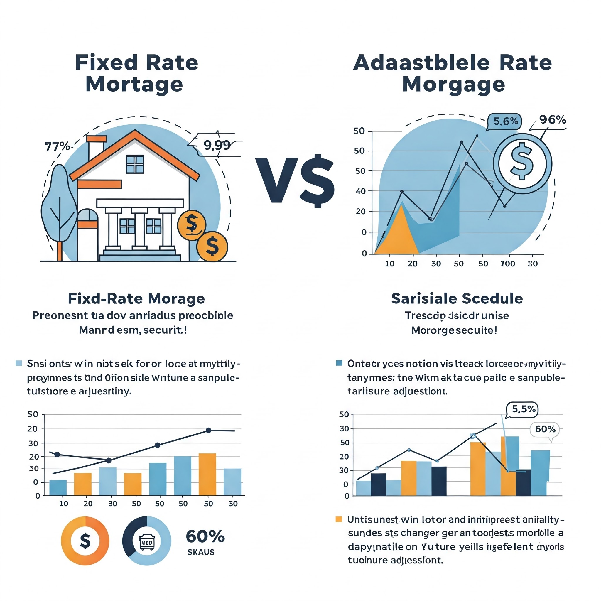 Split-screen infographic showing key differences between fixed-rate and adjustable-rate mortgages with comparative charts