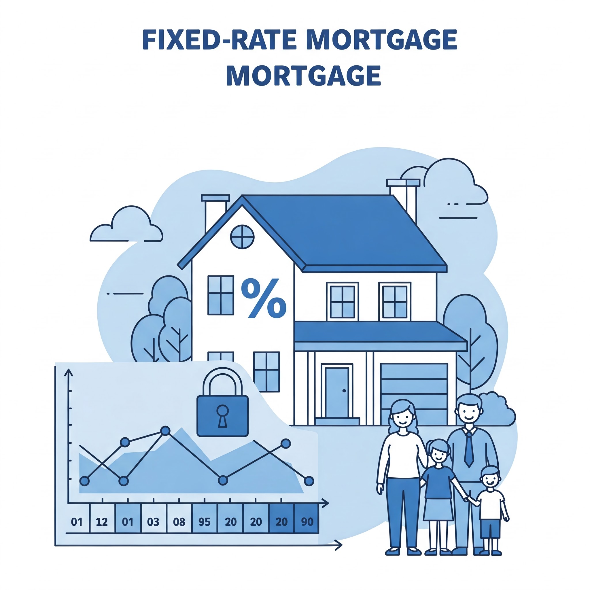House with locked interest rate symbol and flat payment chart line extending over years
