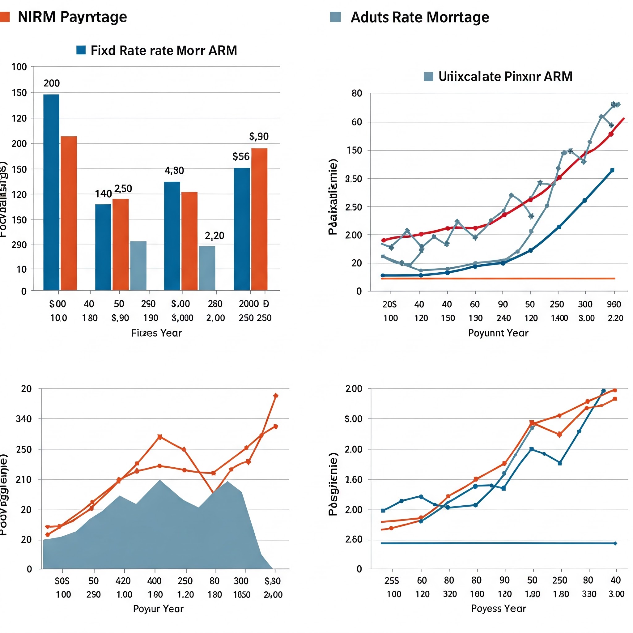 Side-by-side bar charts and line graphs comparing payment scenarios between fixed-rate and adjustable-rate mortgages