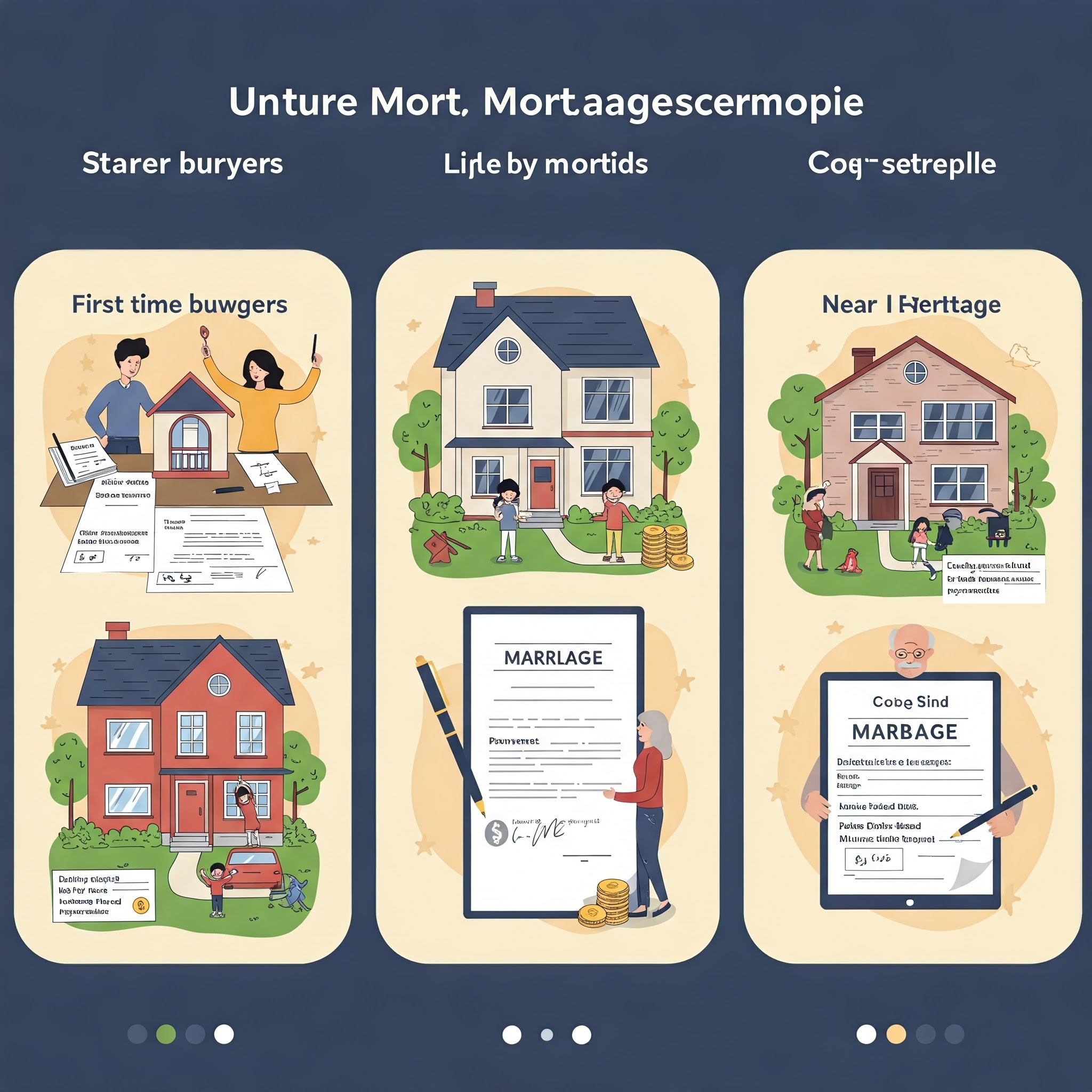 Triptych showing three life stages with different mortgage scenarios: first-time homebuyers, growing family, near-retirement couple