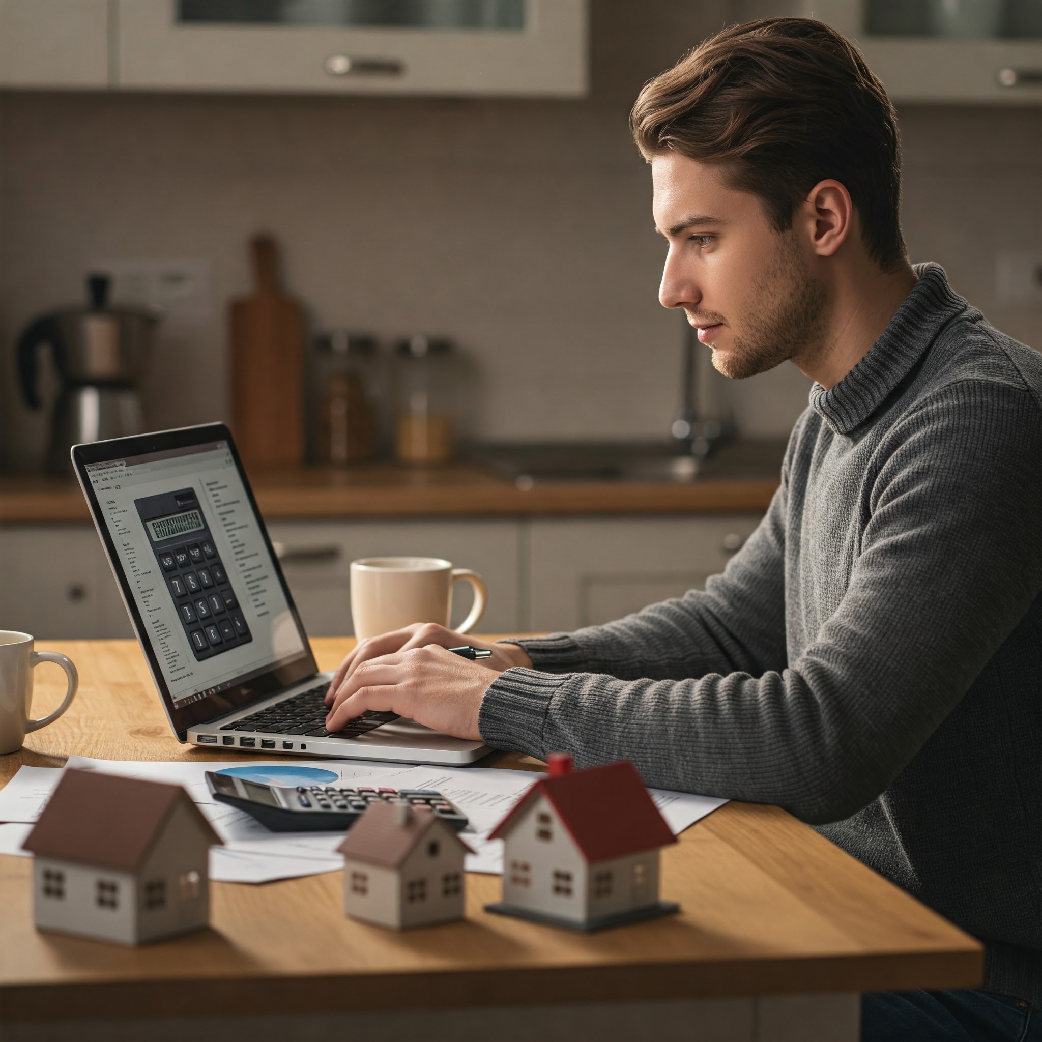 Person using a laptop with a mortgage calculator on screen and house models nearby