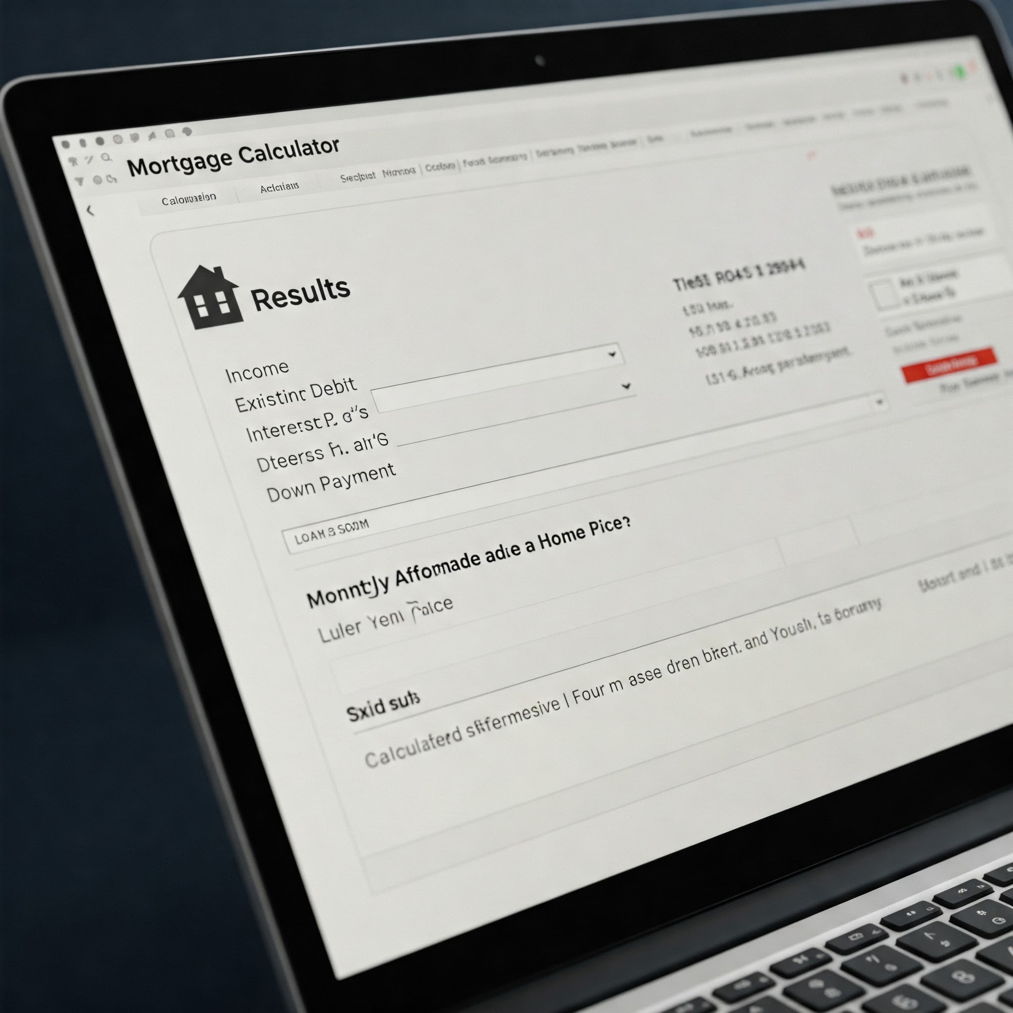 Mortgage calculator interface showing various input fields and results