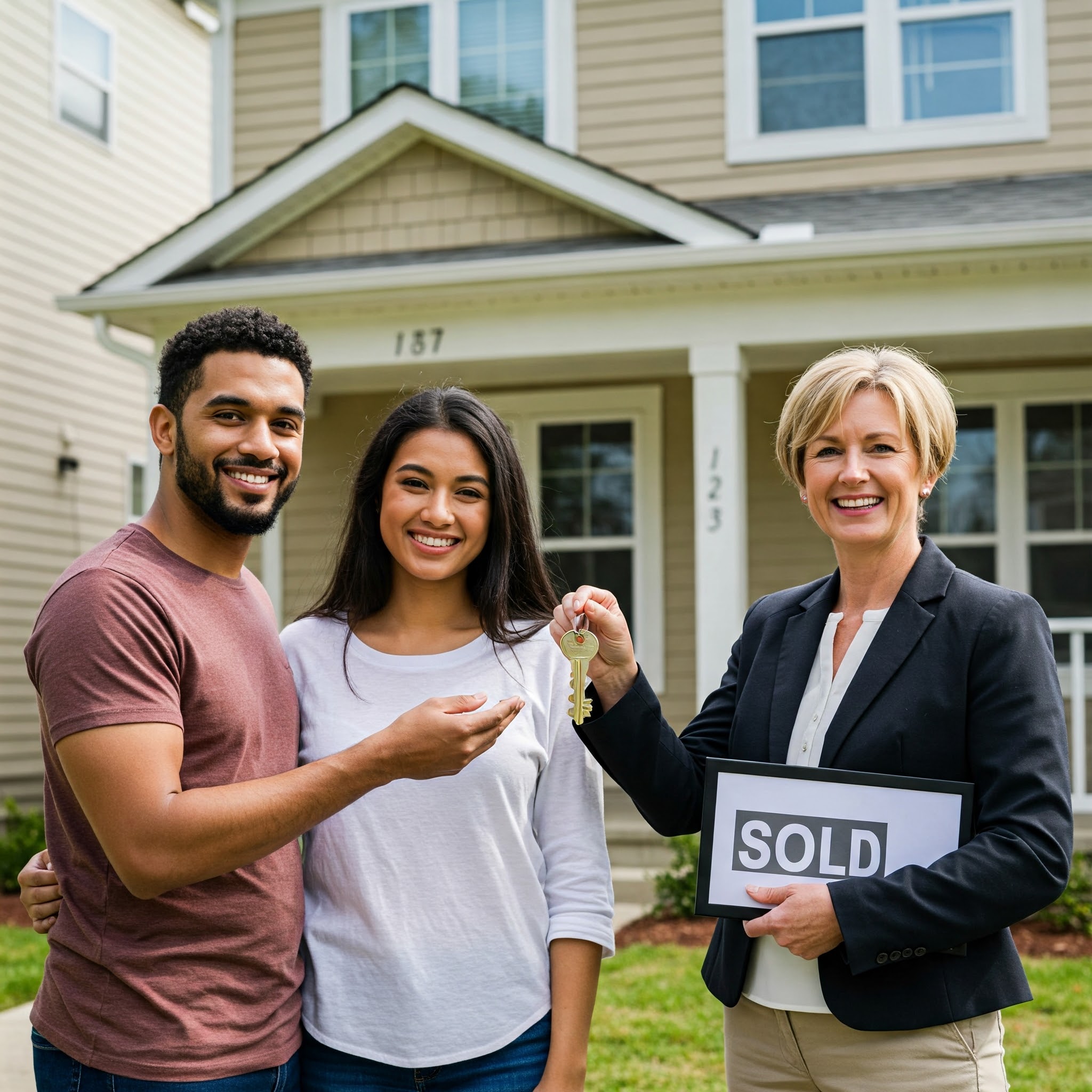 First-time homebuyers receiving keys to their new home
