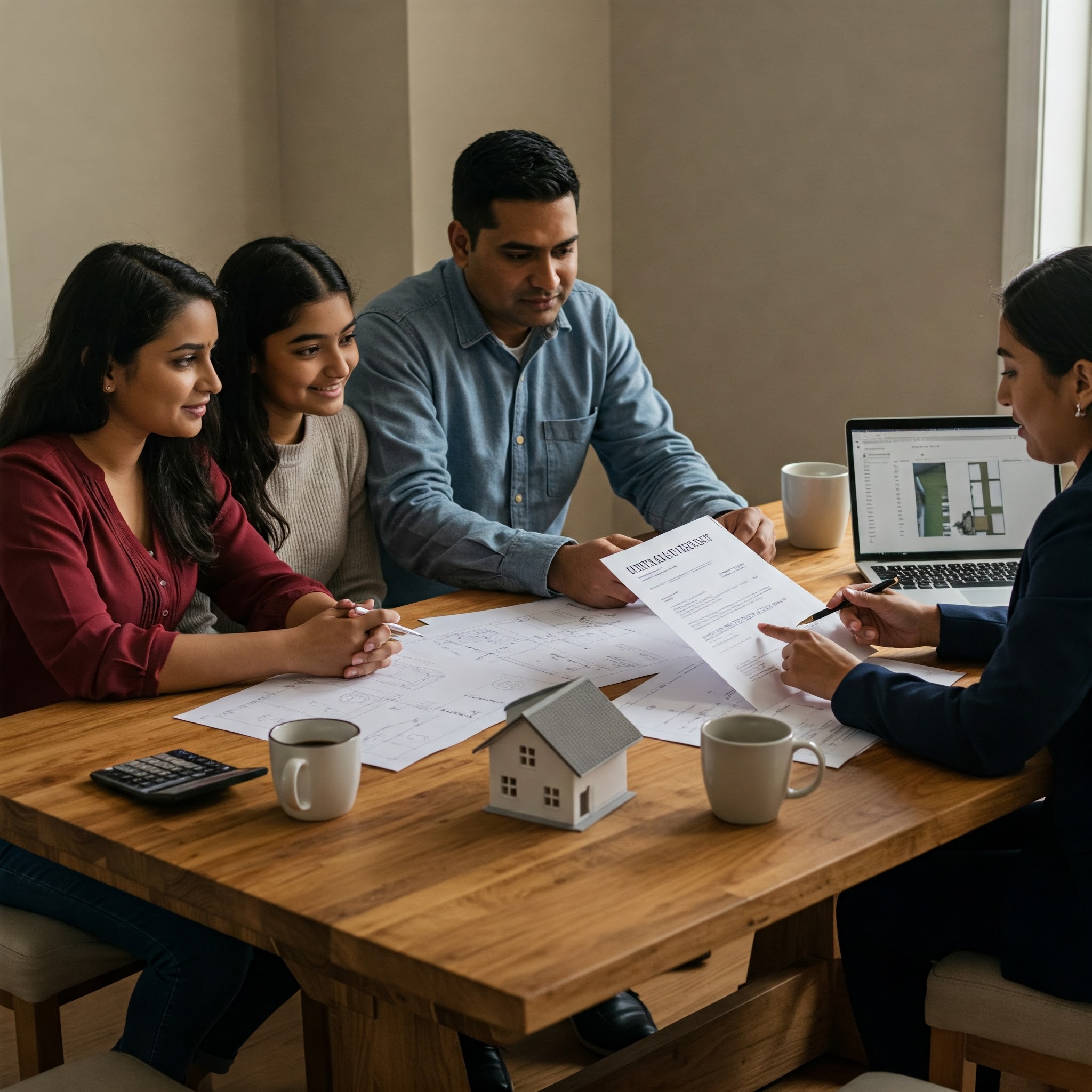 Family reviewing financial documents with a real estate agent