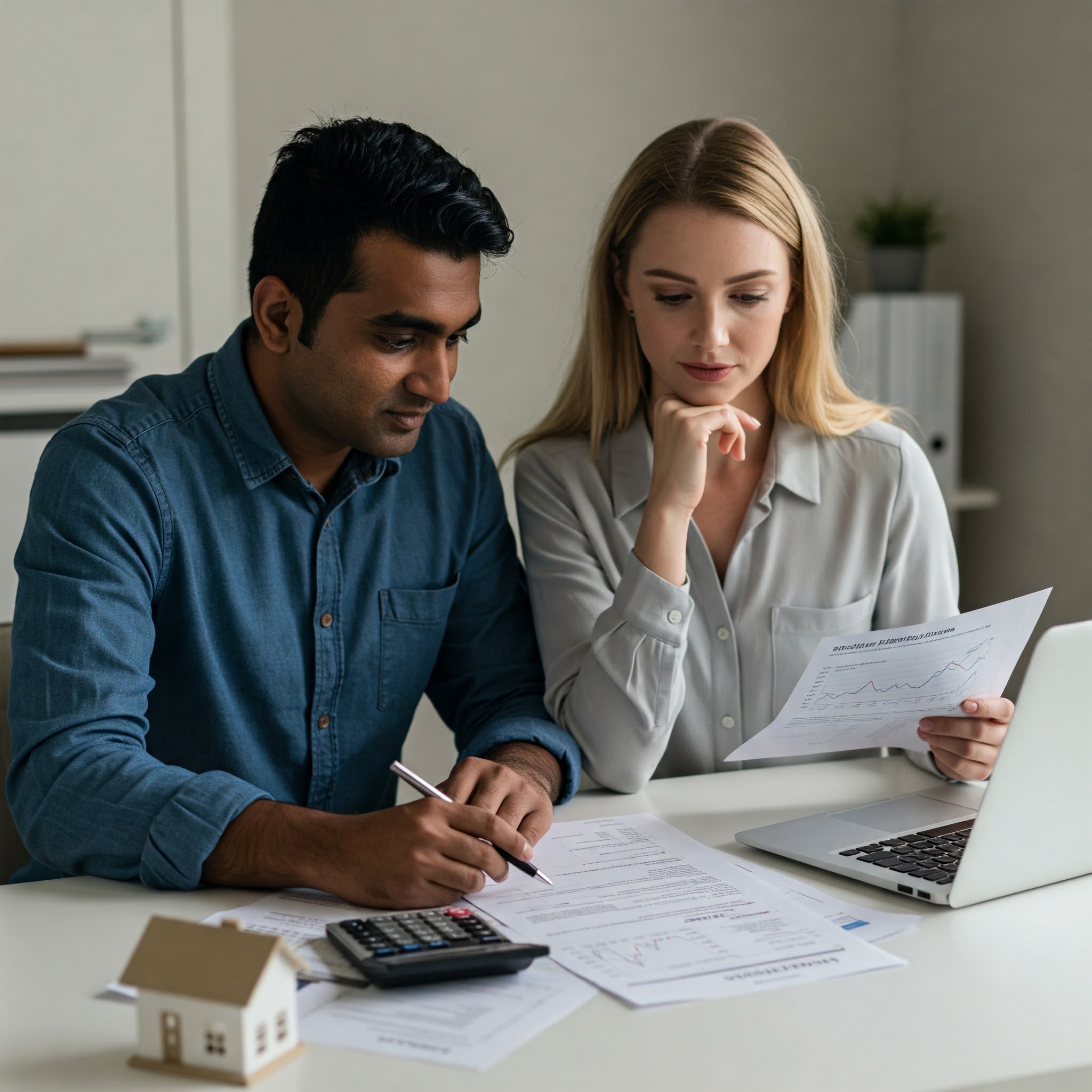 Couple reviewing mortgage refinance documents