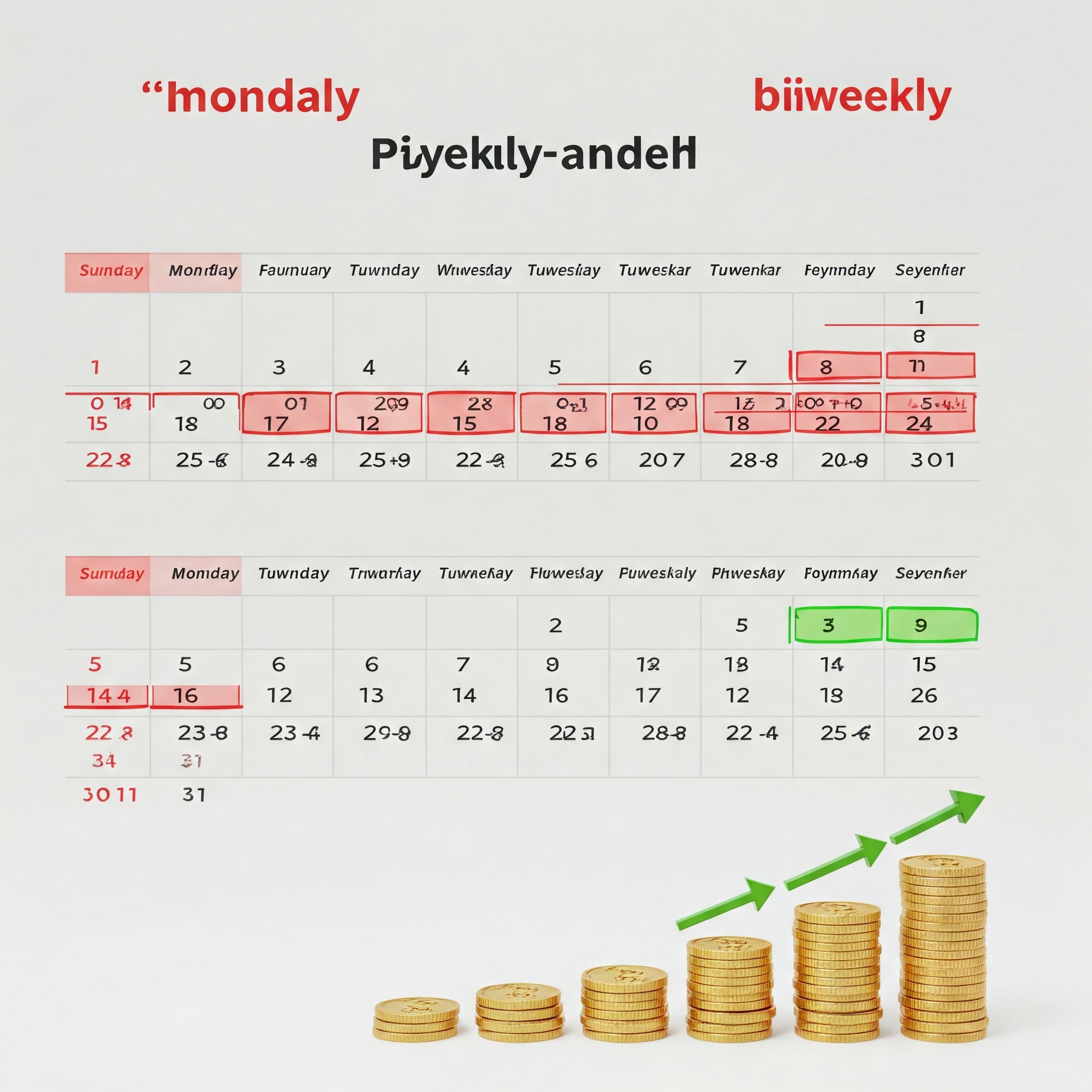 Calendar showing monthly vs biweekly payment schedules