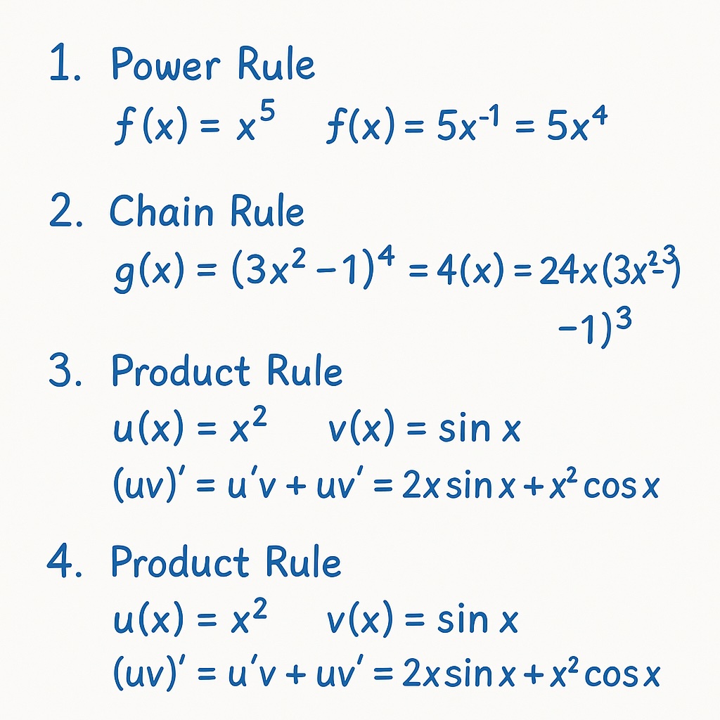 Step-by-step calculation visualization showing derivative rules