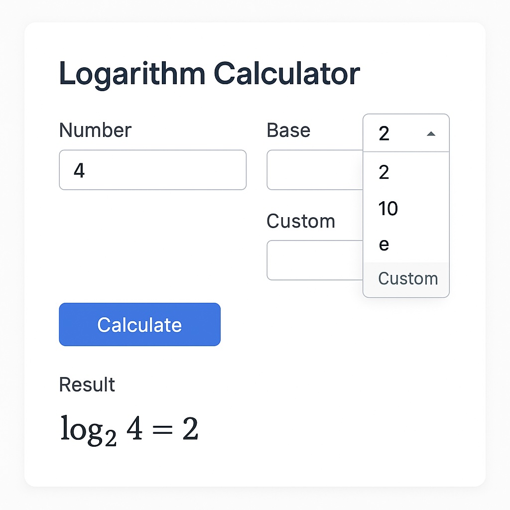 Advanced logarithm calculator interface showing multiple input fields