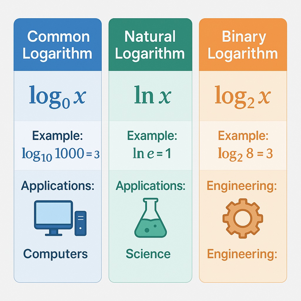 Comparison chart showing different logarithm types and their applications
