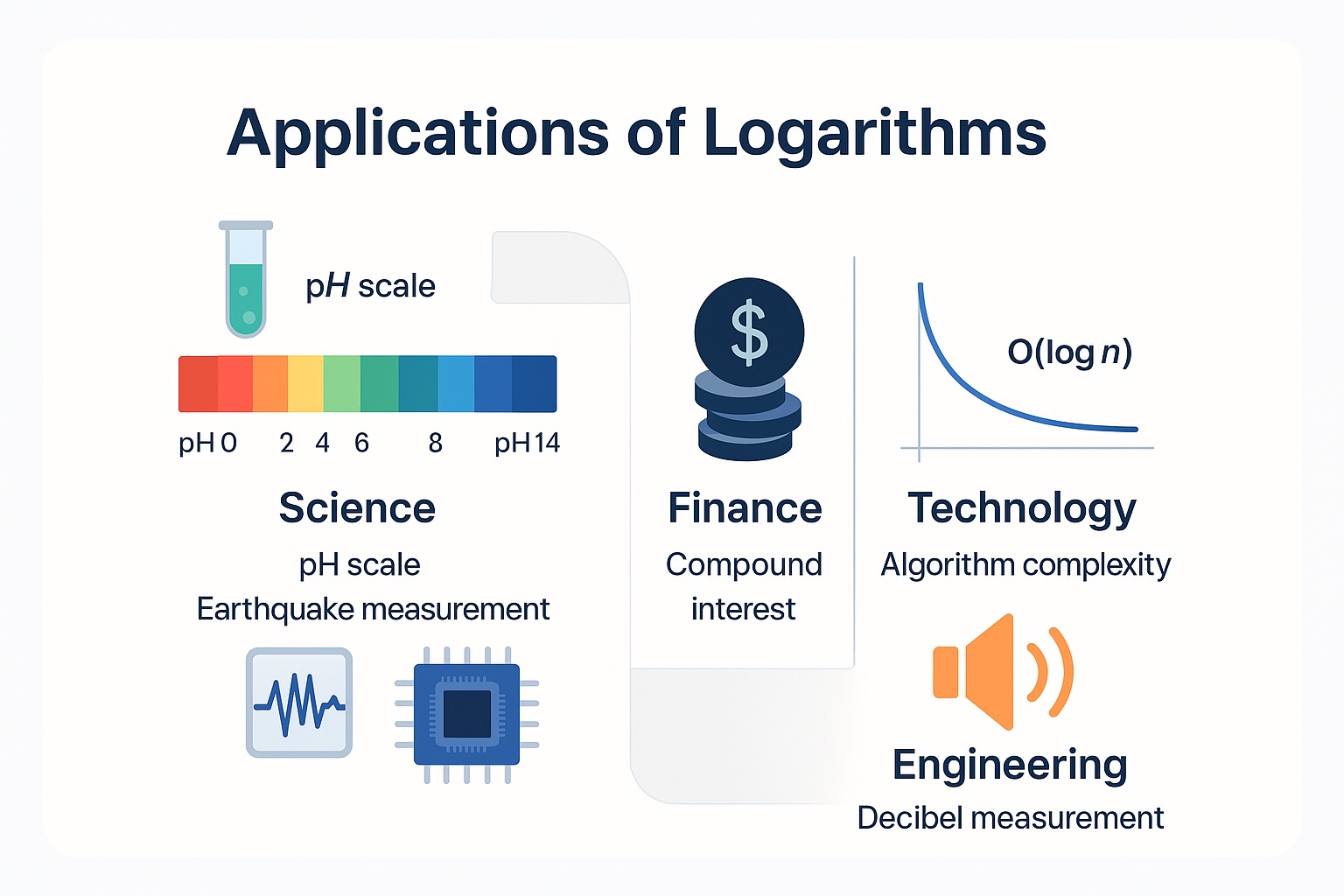 Real-world applications infographic showing logarithms in various fields