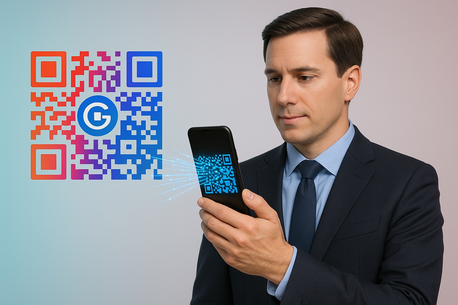 A professional-looking person using a phone to scan a colorful, customized QR code on a marketing display, with data visualizations flowing from the code to the phone screen, showing an engaging and modern interaction with QR technology
