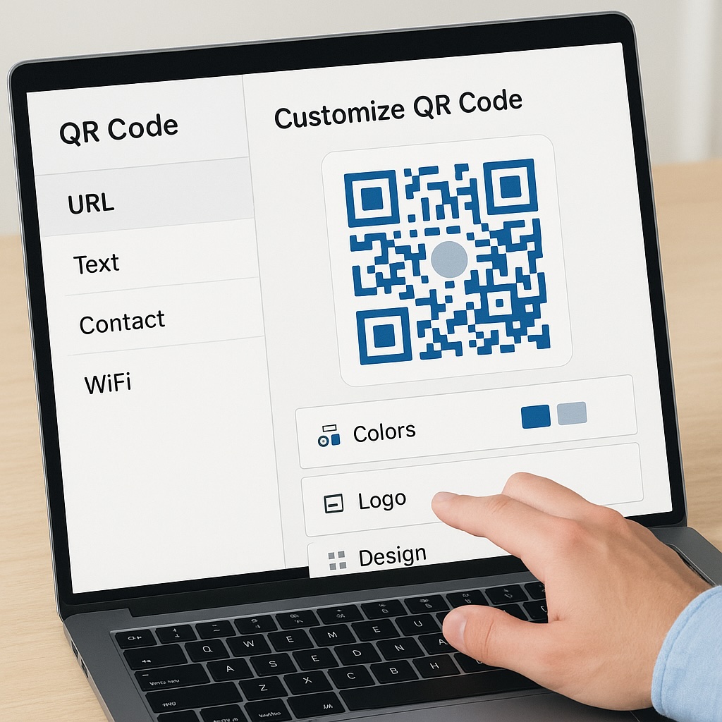 A split-screen interface showing QR code options on left (URL, Text, Contact, etc.) and customization options on right (colors, logo, design elements)